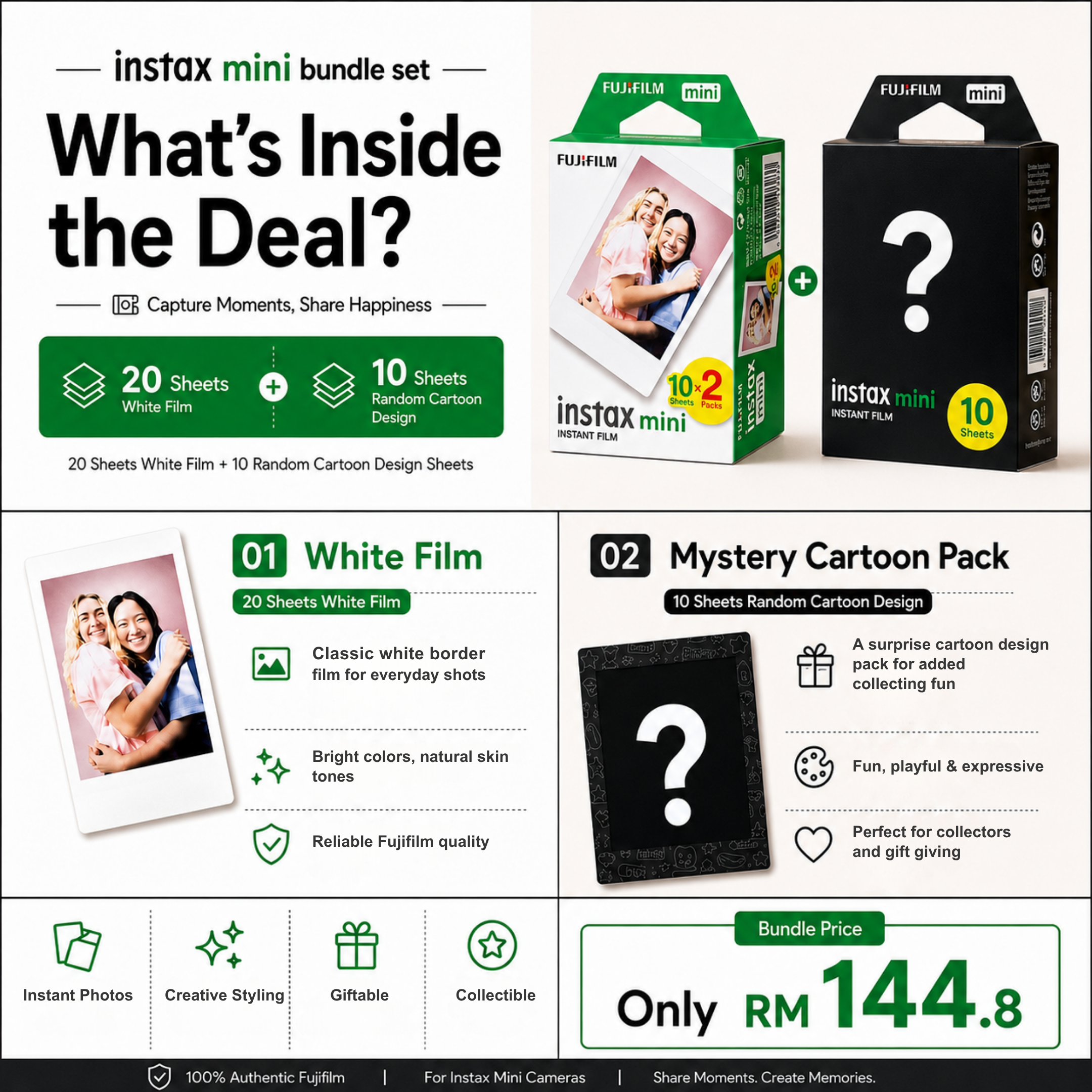Instax™ Instant Film – Double Fun Limited Bundle (20 White Sheets + 10 Random Cartoon Design Sheets)