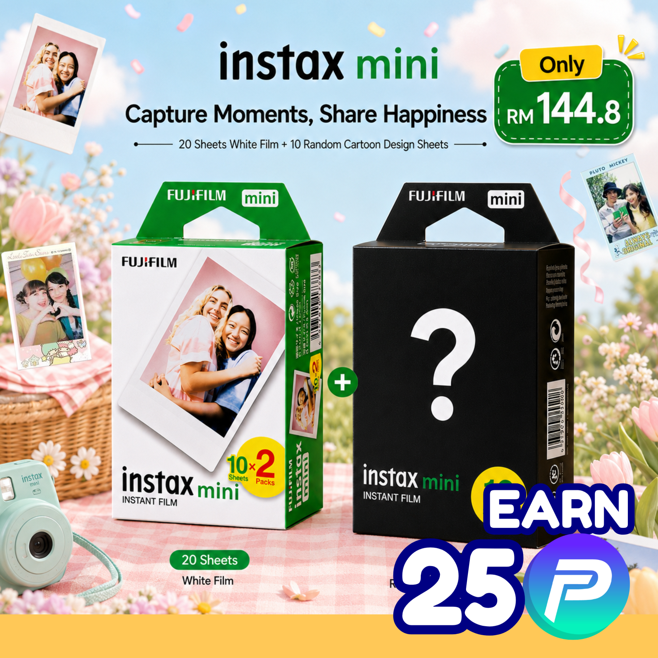 Instax™ Instant Film – Double Fun Limited Bundle (20 White Sheets + 10 Random Cartoon Design Sheets)