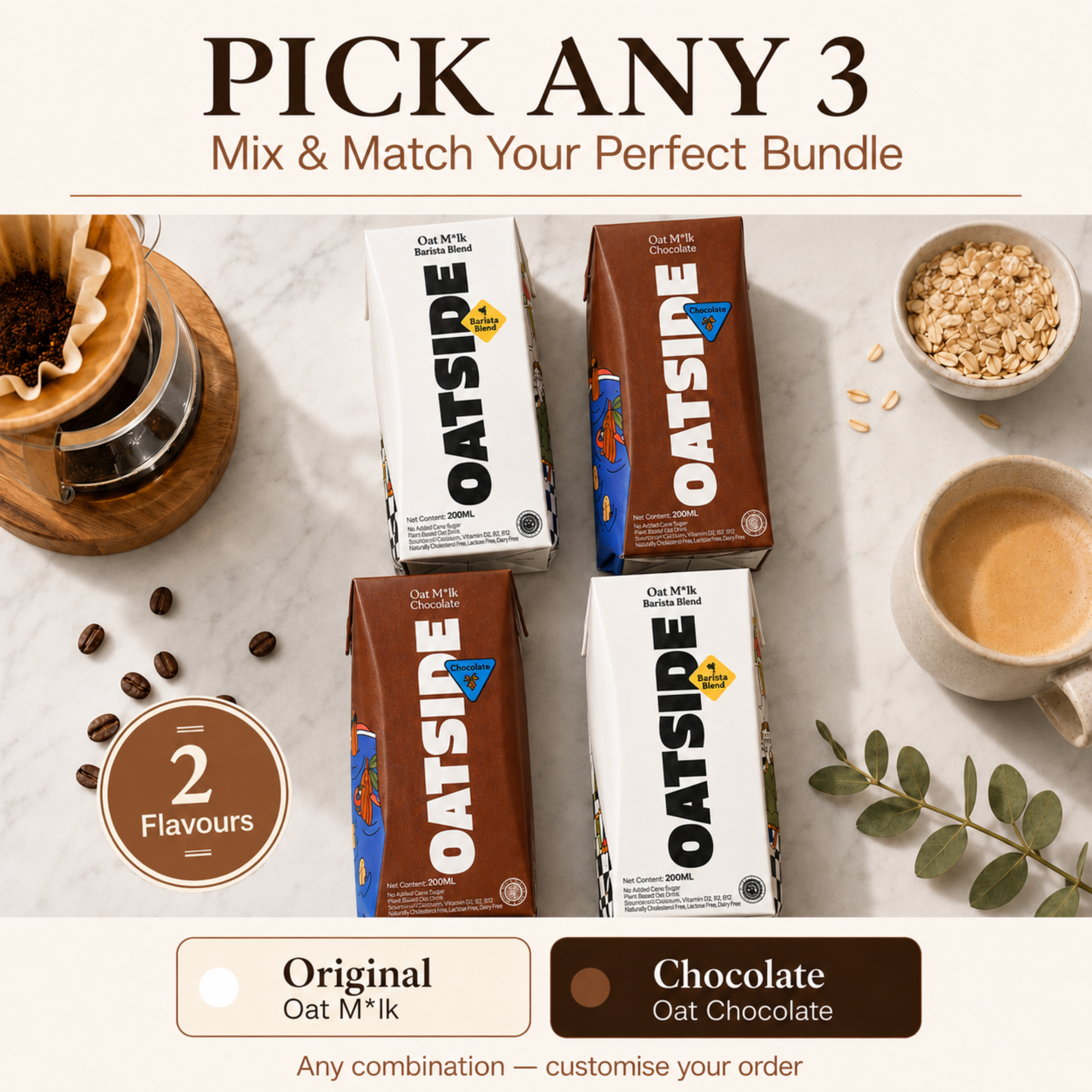 OATSIDE Oat M*lk 200ml — Mix & Match Any 3 Packs Bundle (Original Barista Blend / Chocolate) 