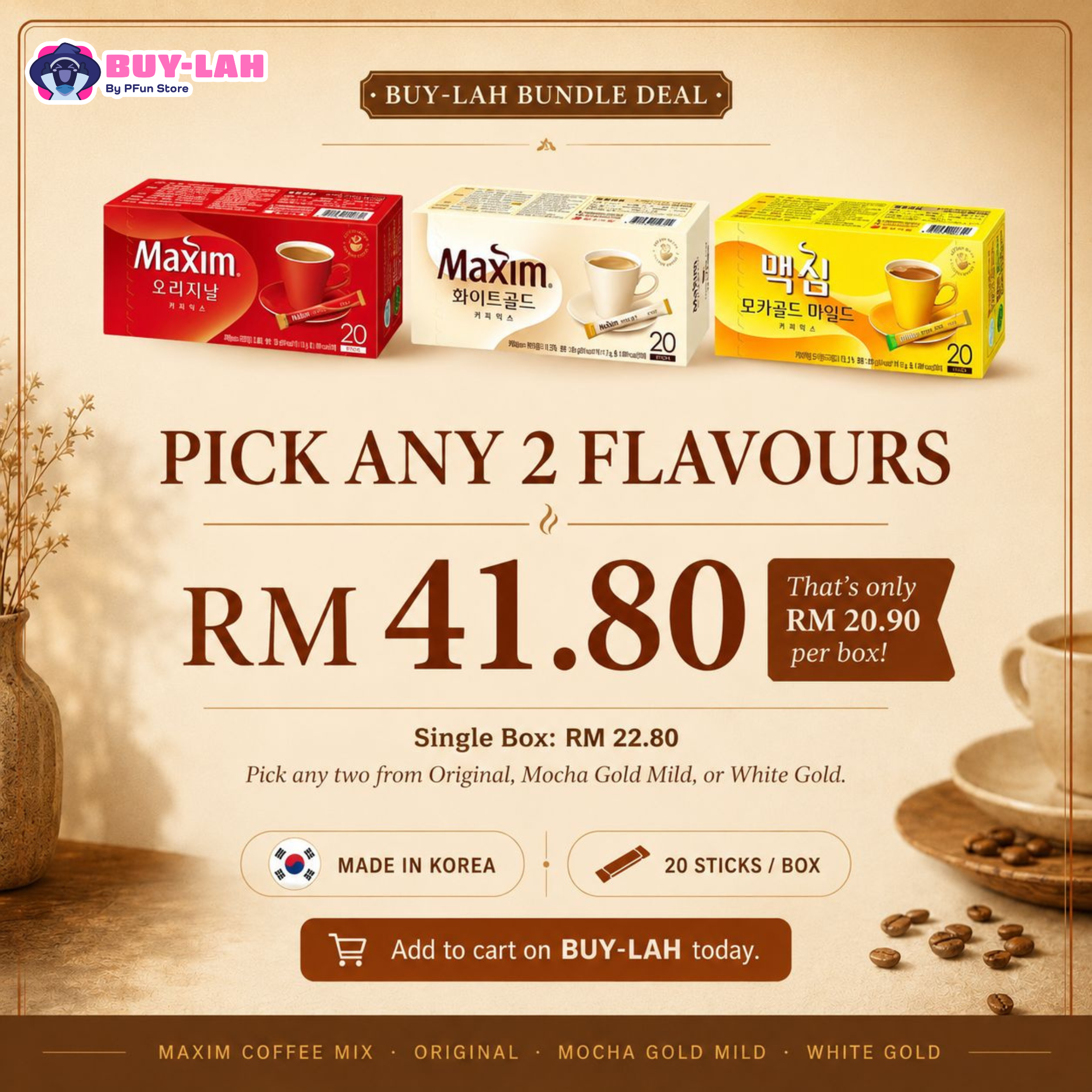 Maxim Coffee Mix 20 Sticks | Single Box RM 22.80 | Pick Any 2 RM 41.80 | Made in Korea