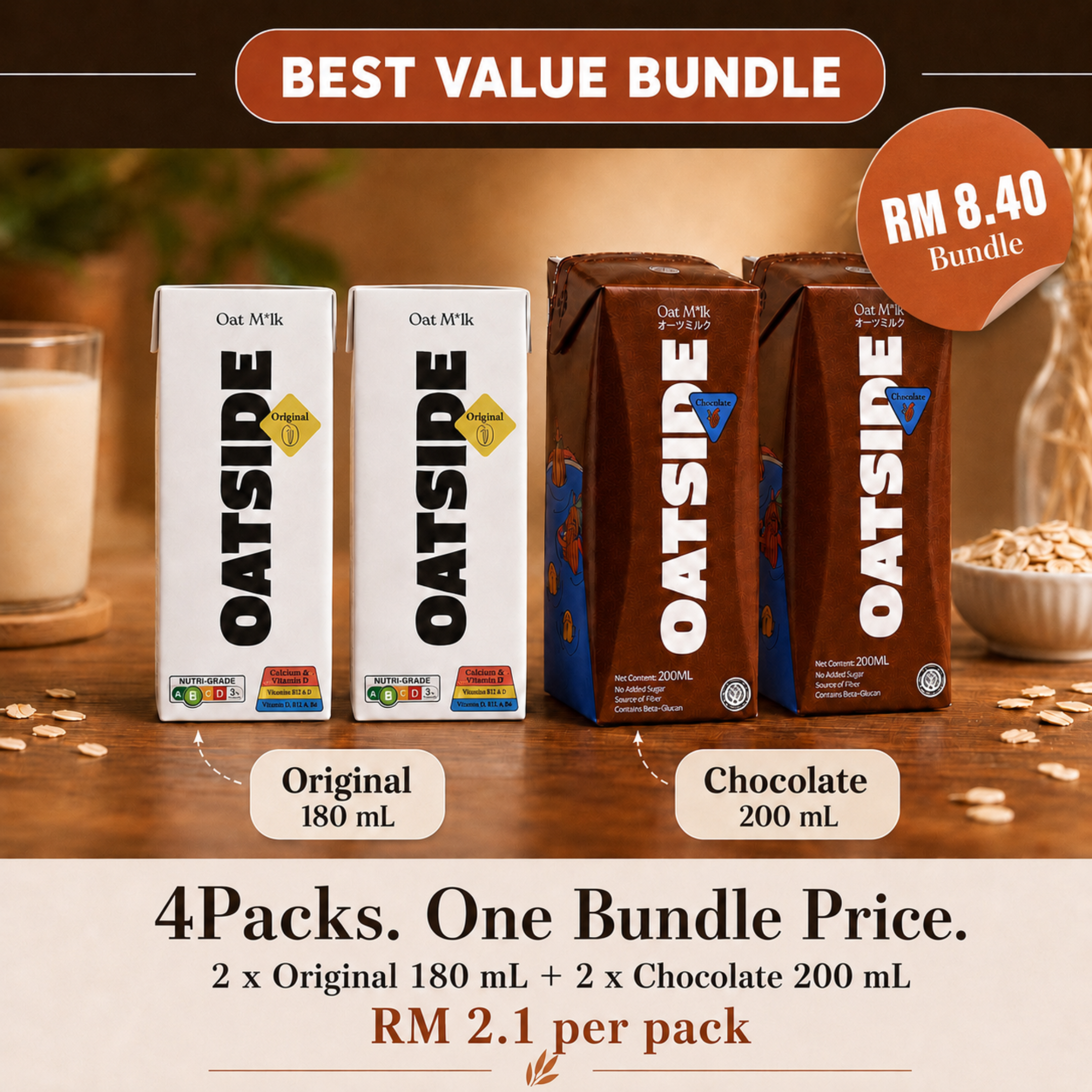 OATSIDE Oat M*lk 4-Pack Bundle — 2 x Original 180mL + 2 x Chocolate 200mL