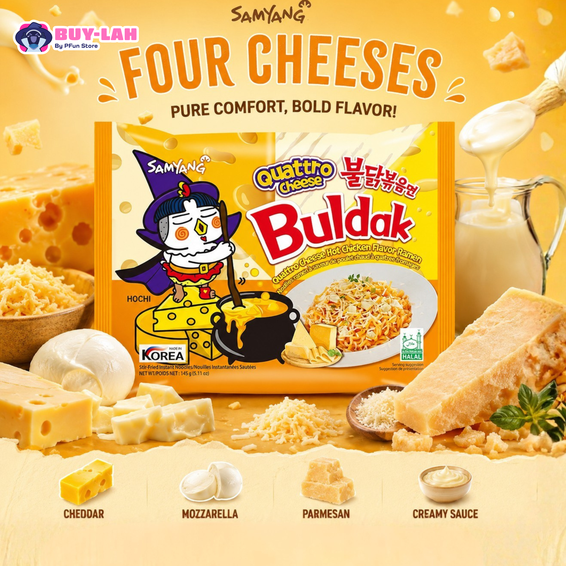 Samyang Buldak Quattro Cheese Hot Chicken Flavor Ramen — 1 Pack (Single)  | Halal