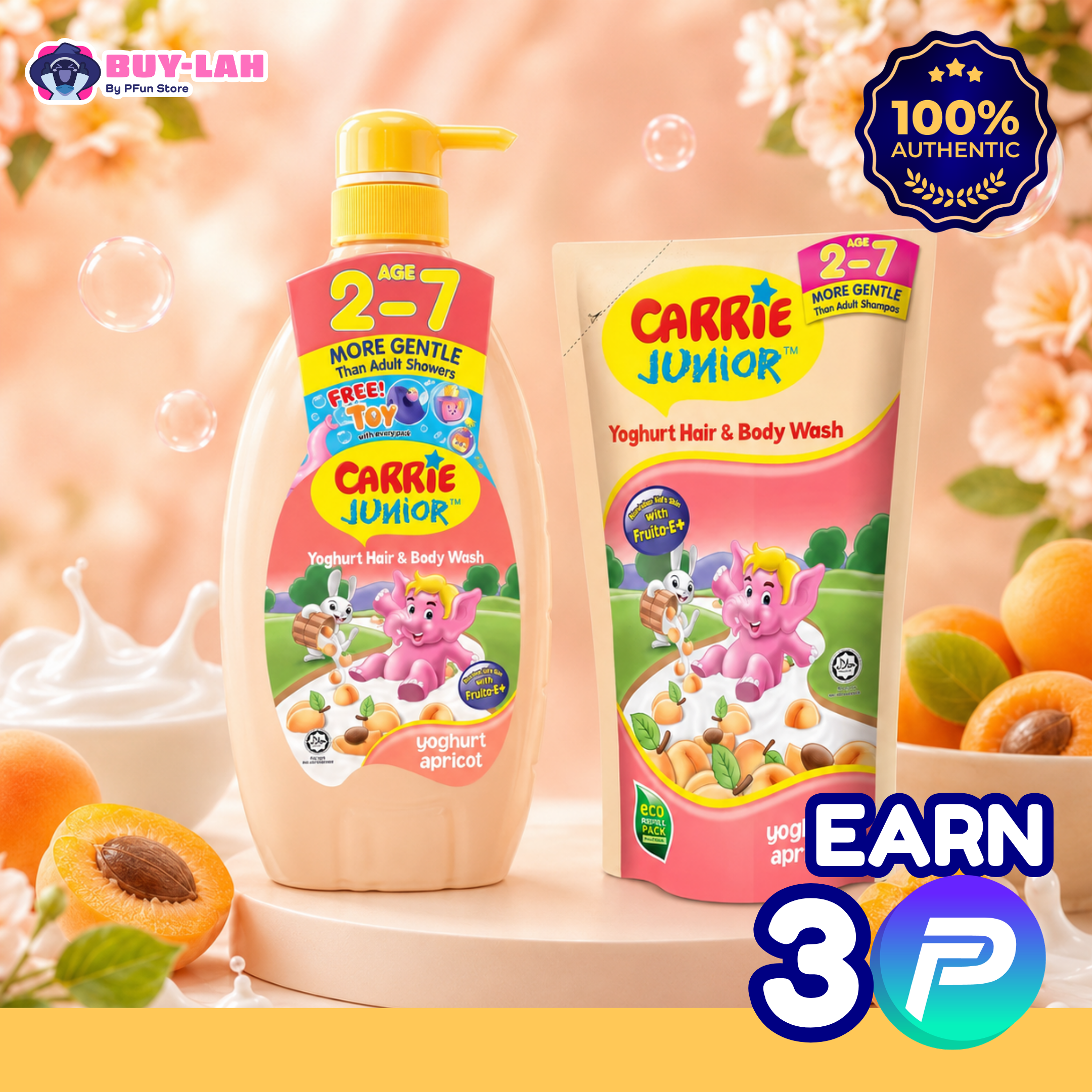 Carrie Junior Yoghurt Hair & Body Wash — Bundle Set ( 1000g Pump Bottle + Eco Refill Pouch) 