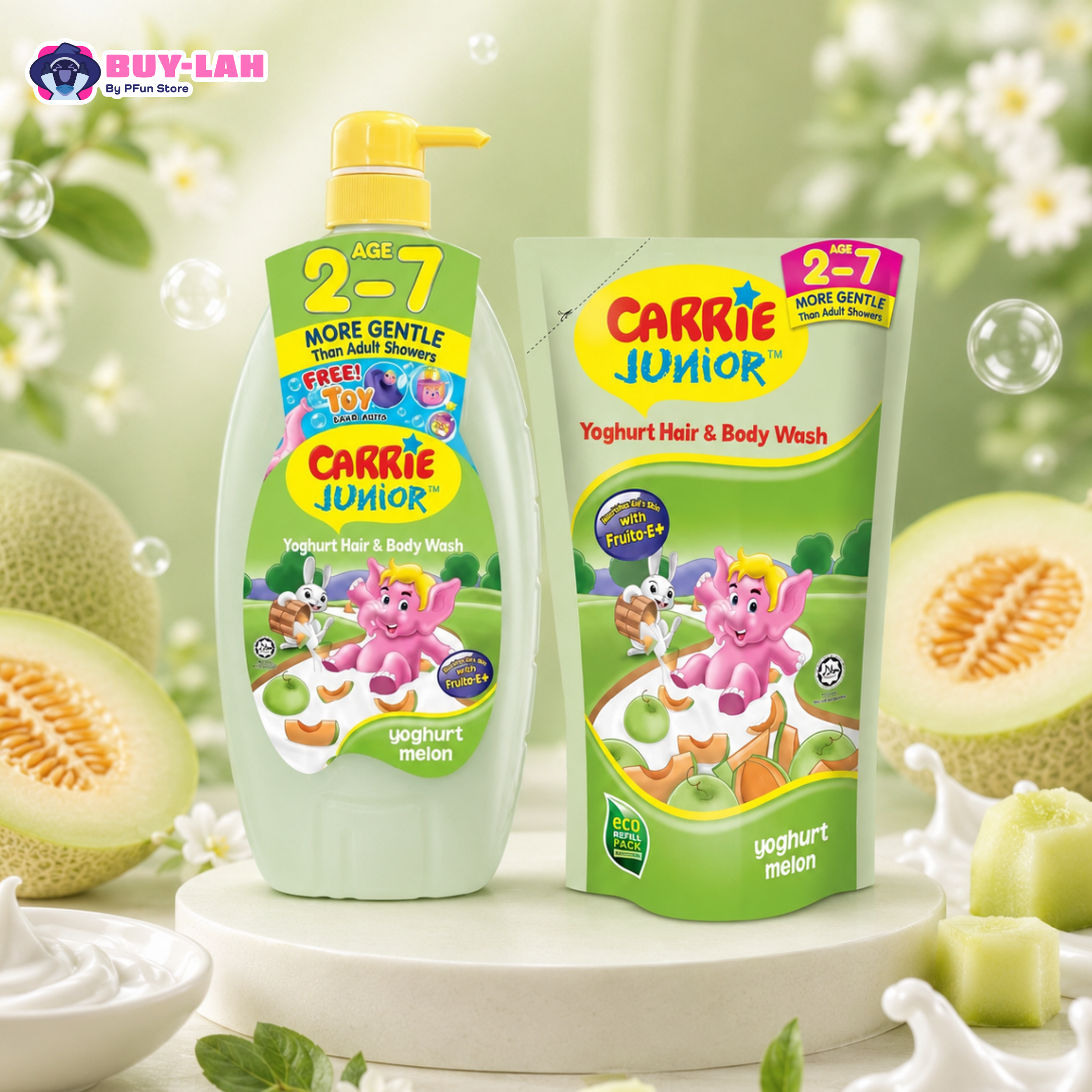 Carrie Junior Yoghurt Hair & Body Wash — Bundle Set ( 1000g Pump Bottle + Eco Refill Pouch) 