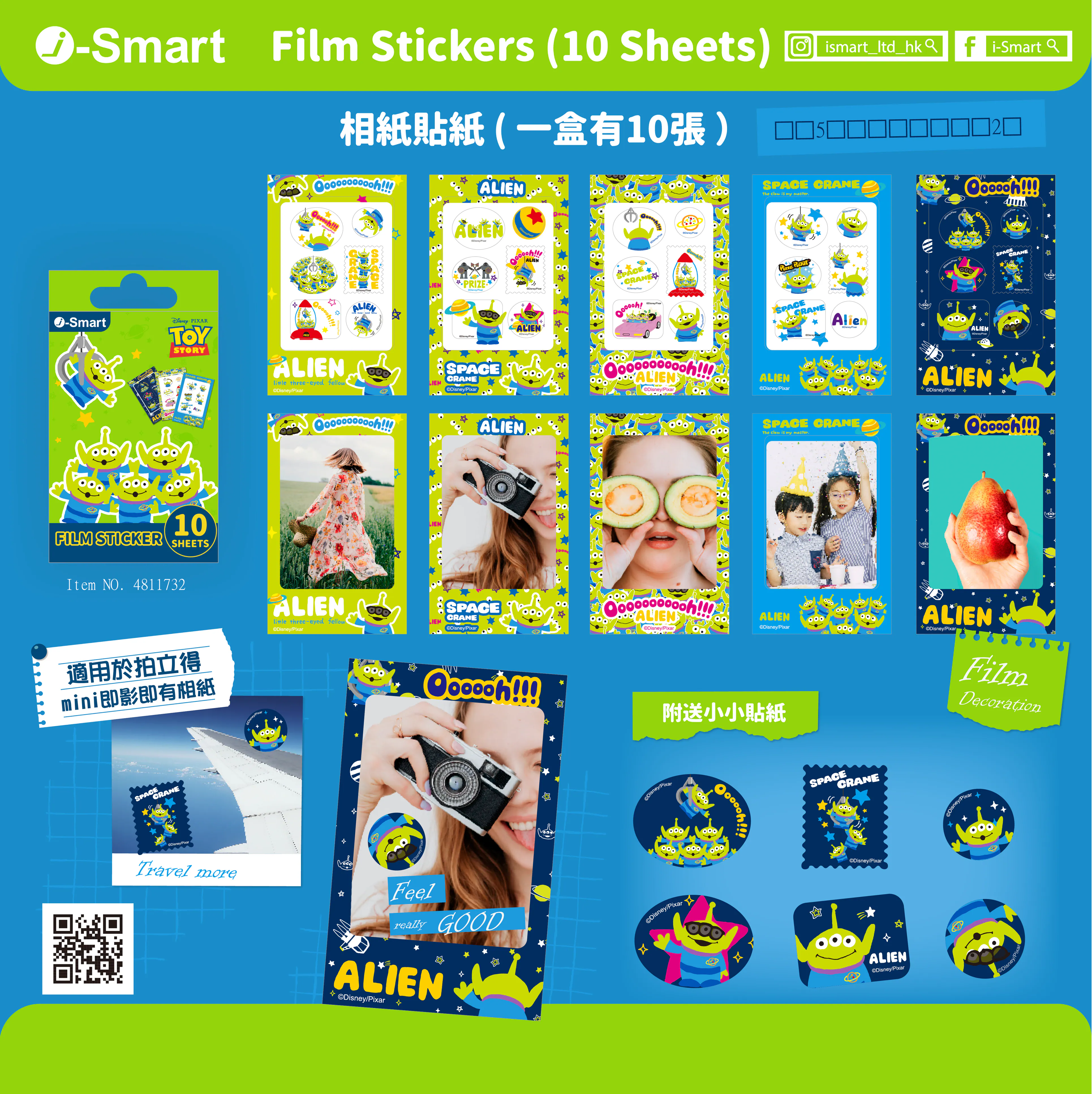 i-Smart Disney Pixar Toy Story Alien Instax Mini Film Stickers — 10 Sheets (5 Designs × 2)  — Free Shipping
