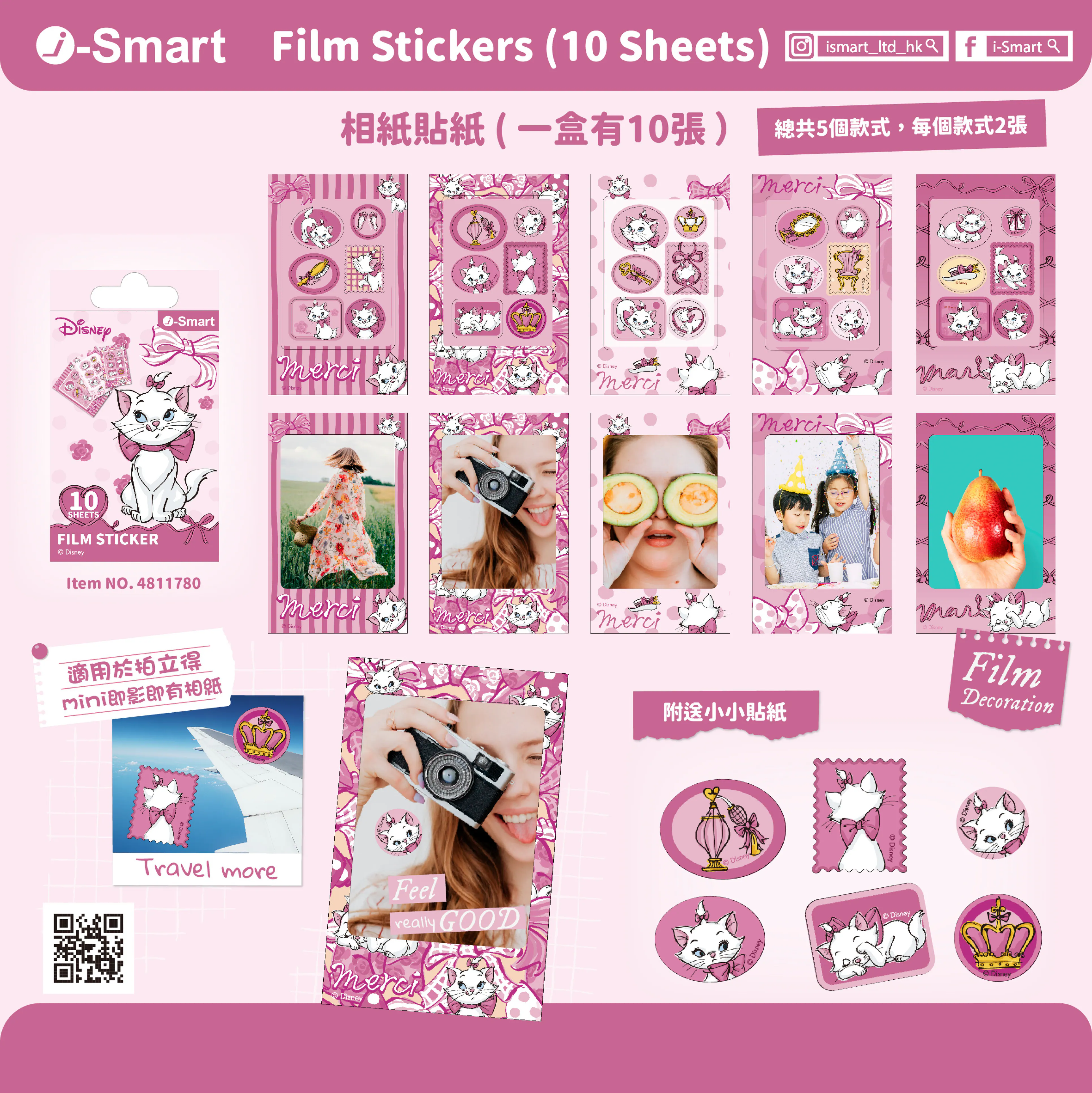 i-Smart Disney Marie Cat Instax Mini Film Stickers — 10 Sheets (5 Designs × 2) — Free Shipping