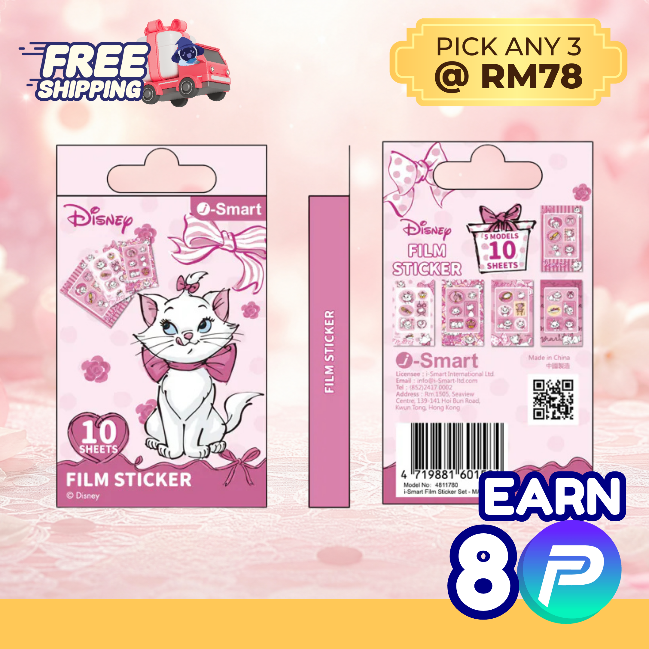 i-Smart Disney Marie Cat Instax Mini Film Stickers — 10 Sheets (5 Designs × 2) — Free Shipping