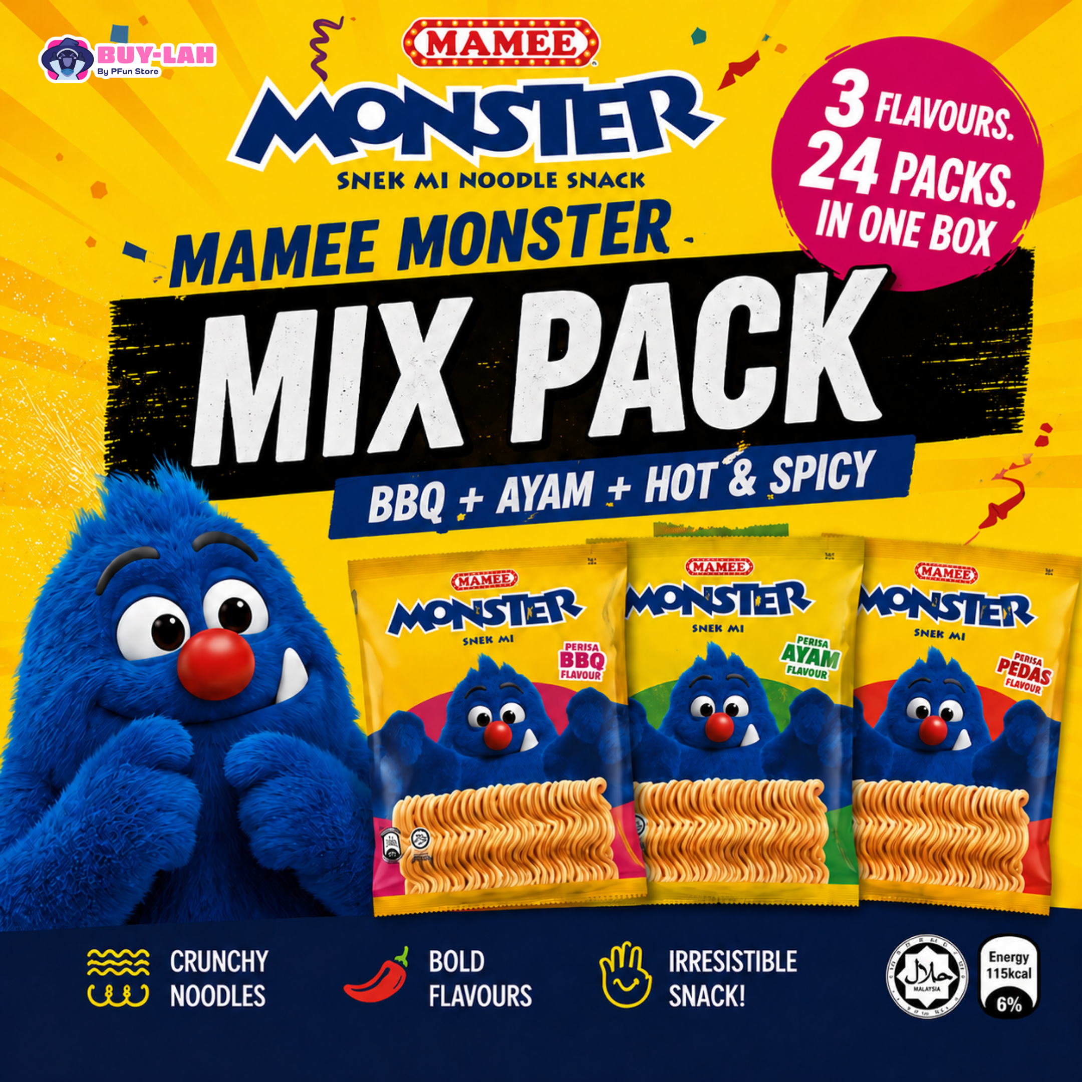 Mamee Monster Mix Pack — 3 Flavours (24 Packs)