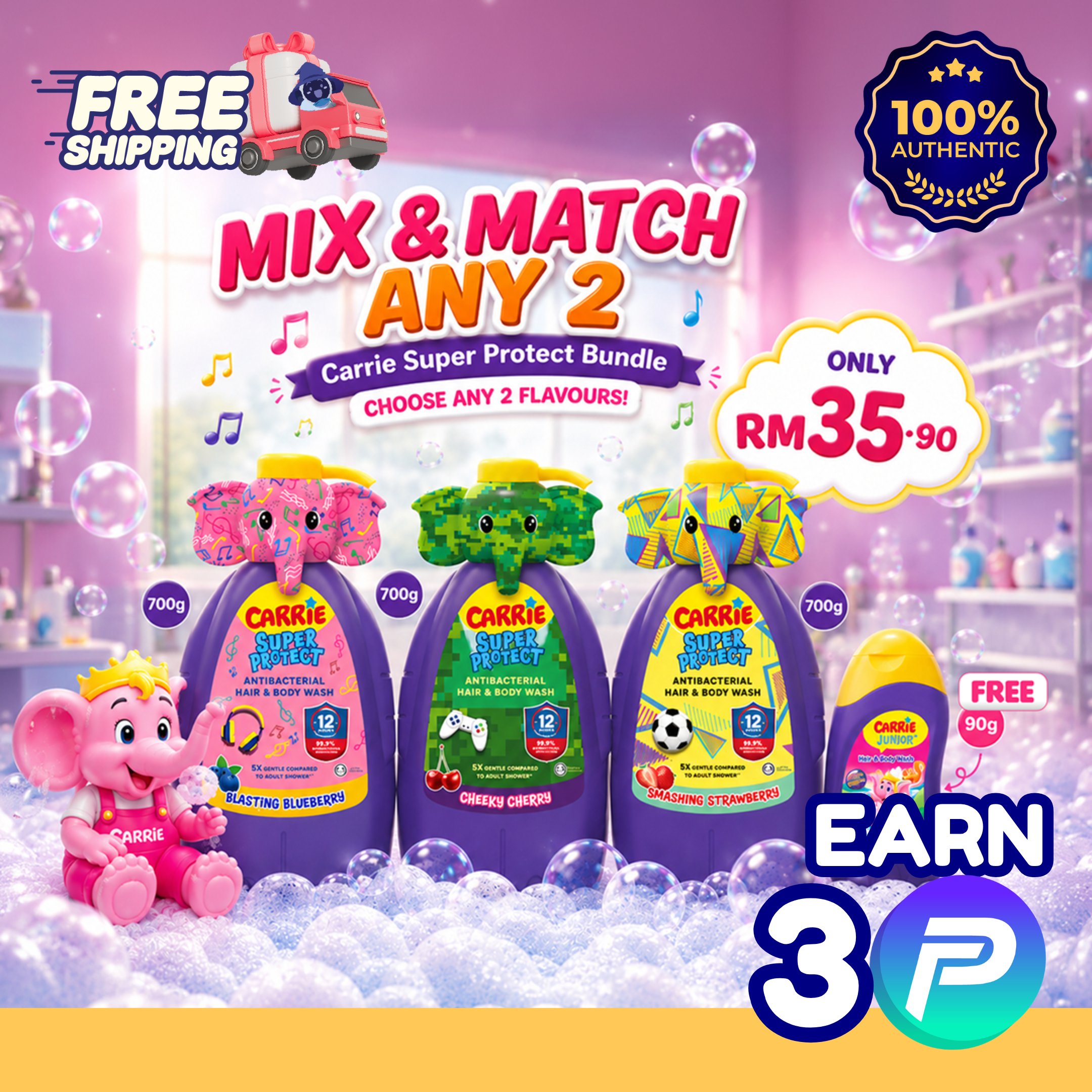 Carrie Super Protect Antibacterial Hair & Body Wash Mix & Match Any 2 Bundle (700g × 2) + FREE Travel Size 90g— Free Shipping