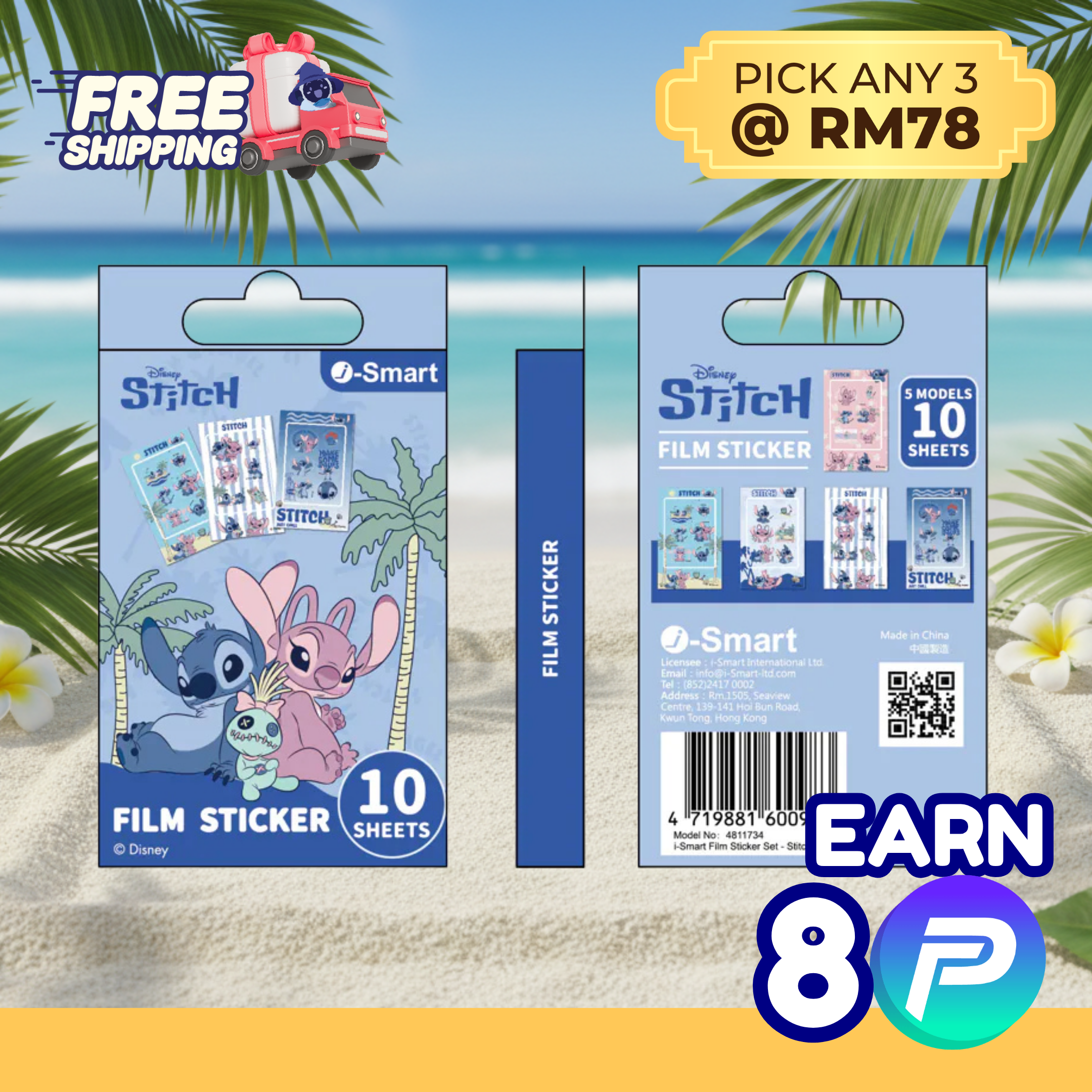 i-Smart Disney Stitch Instax Mini Film Stickers — 10 Sheets (5 Designs × 2)  | — Free Shipping
