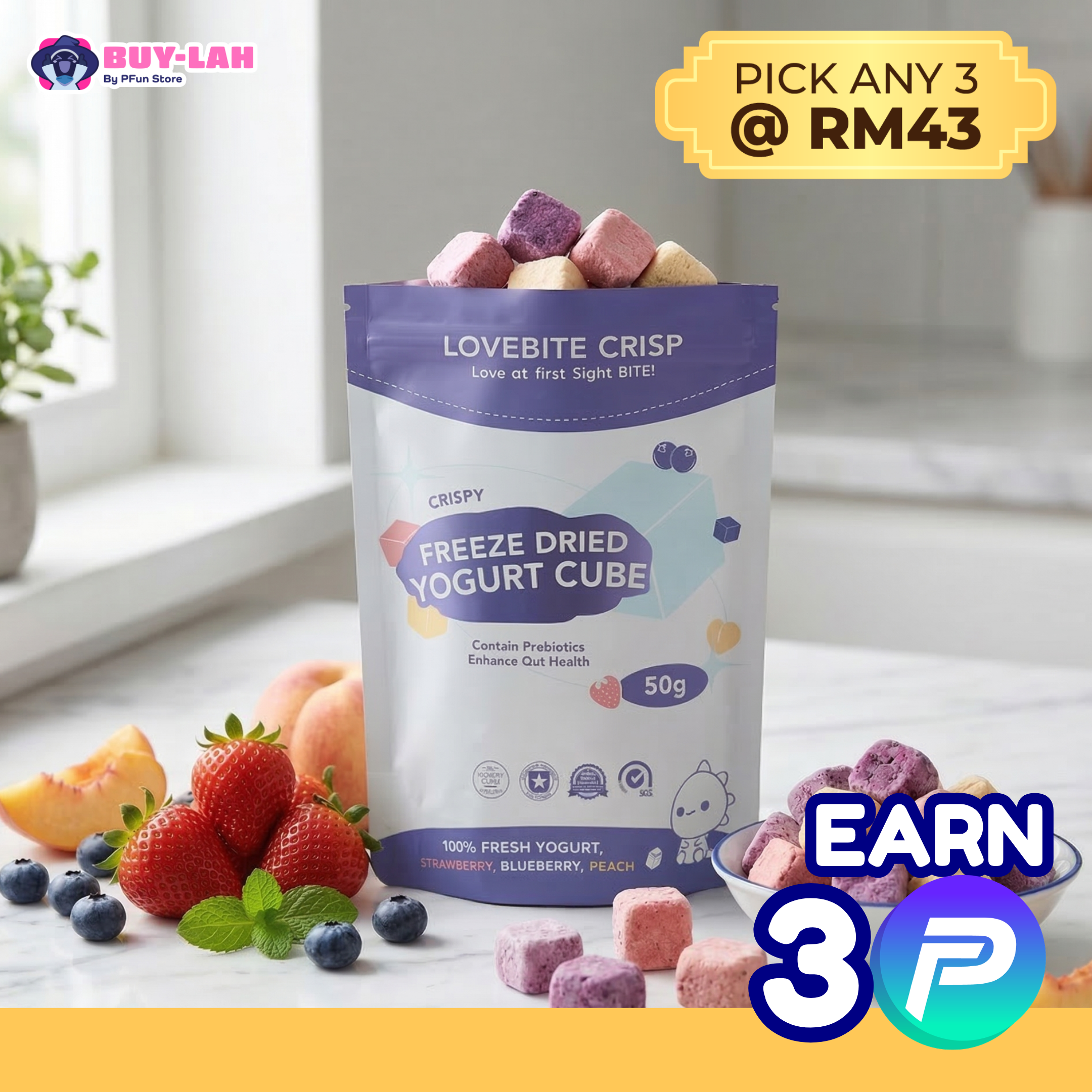 LoveBite Crisp Freeze dried TRIO YOGURT CUBE [50G] 