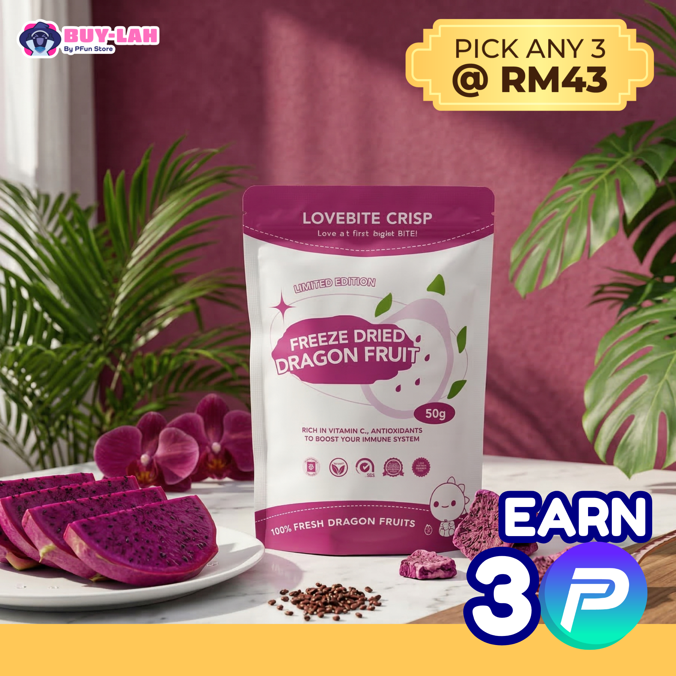LoveBite Crisp Freeze Dried Dragon Fruit [50g]
