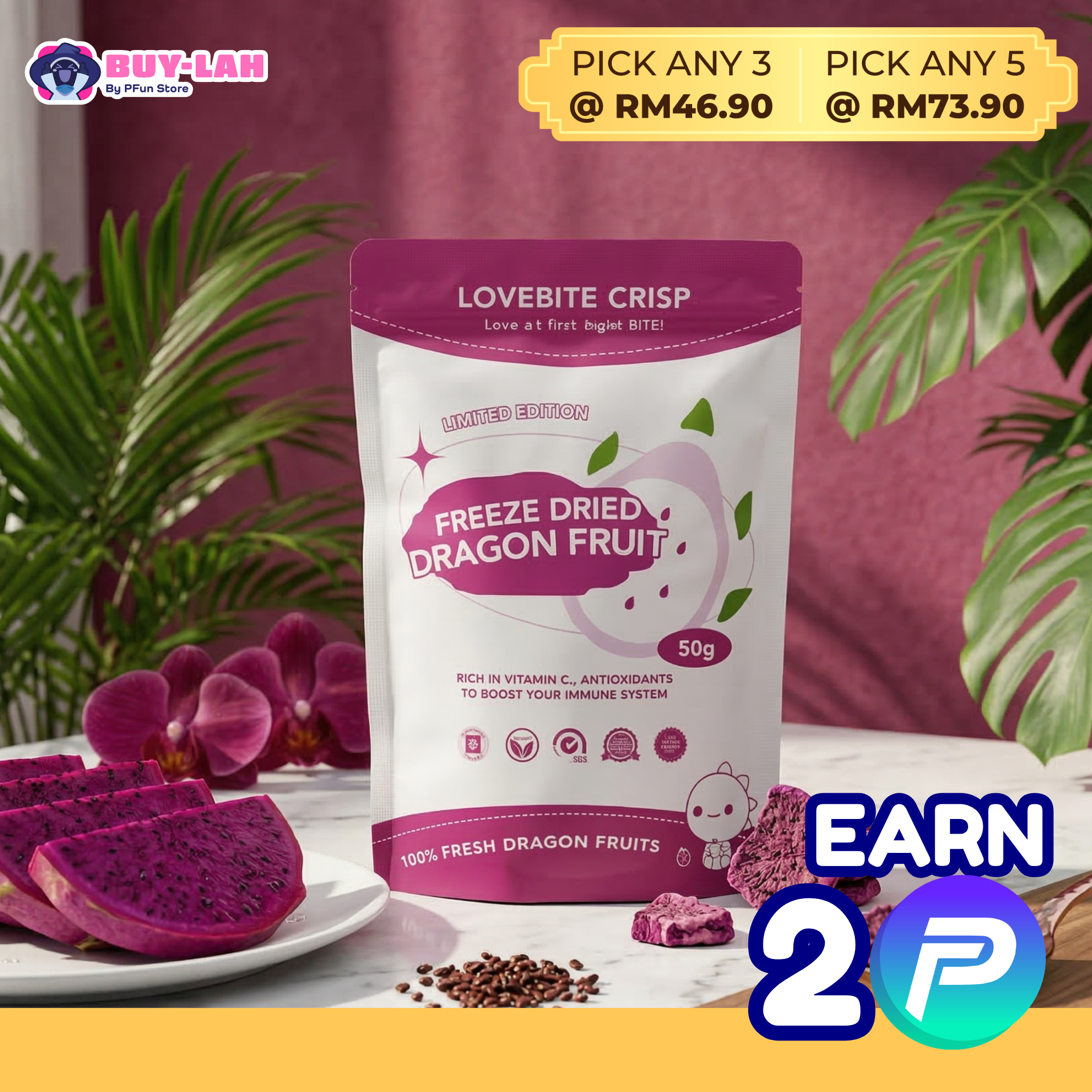 LoveBite Crisp Freeze Dried Dragon Fruit [50g]