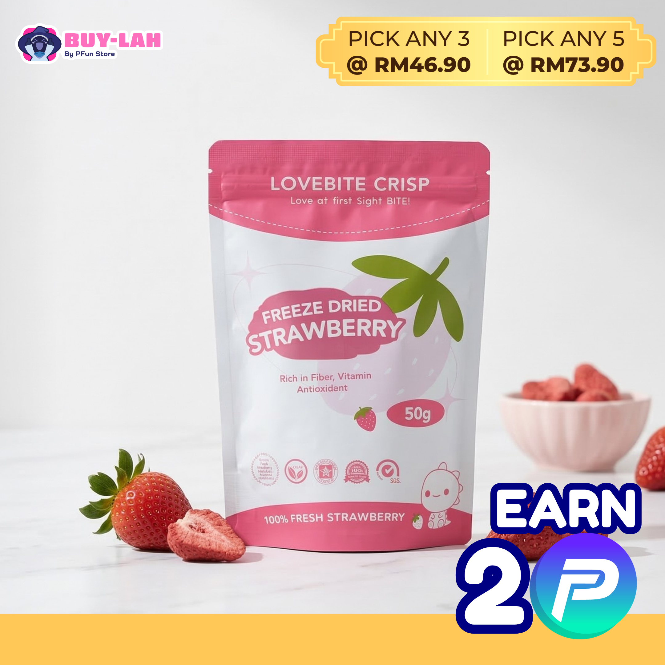 LoveBite Crisp Freeze dried TRIO STRAWBERRY 한국 말린 딸기 🍓 [50G] 