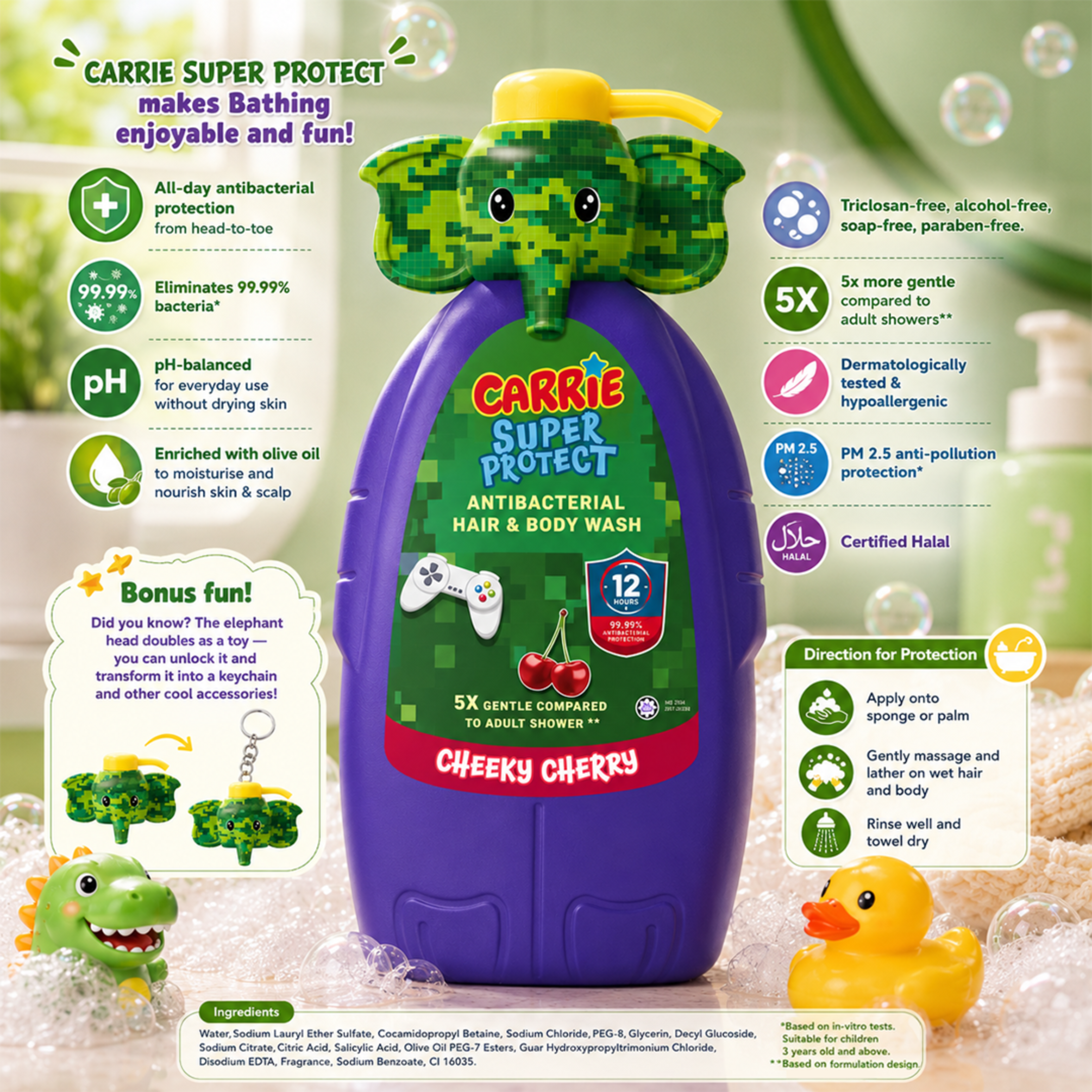 Carrie Super Protect Antibacterial Hair & Body Wash Mix & Match Any 2 Bundle (700g × 2) + FREE Travel Size 90g— Free Shipping