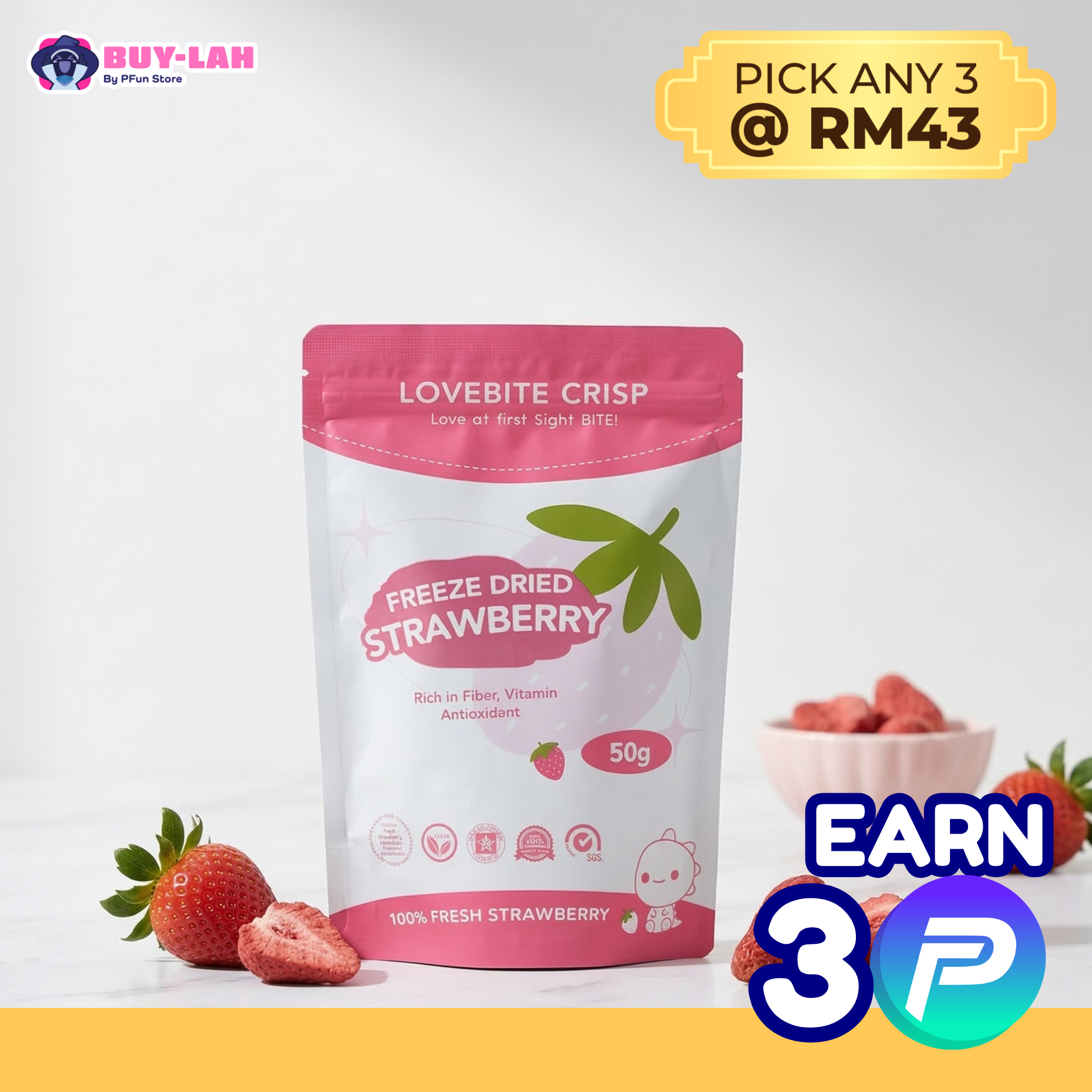 LoveBite Crisp Freeze dried TRIO STRAWBERRY 한국 말린 딸기 🍓 [50G] 