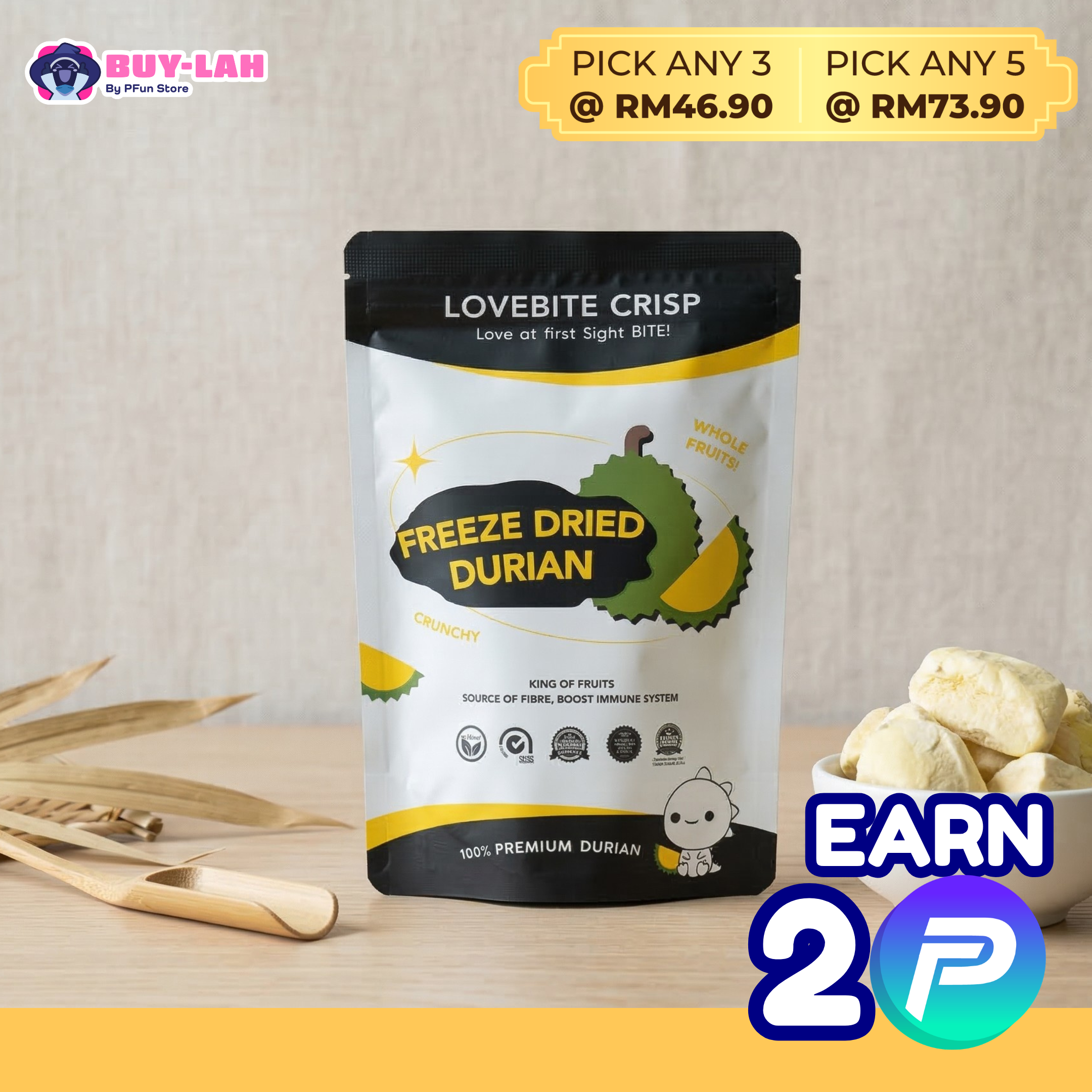 LoveBite Crisp Freeze Dried Durian [30g]