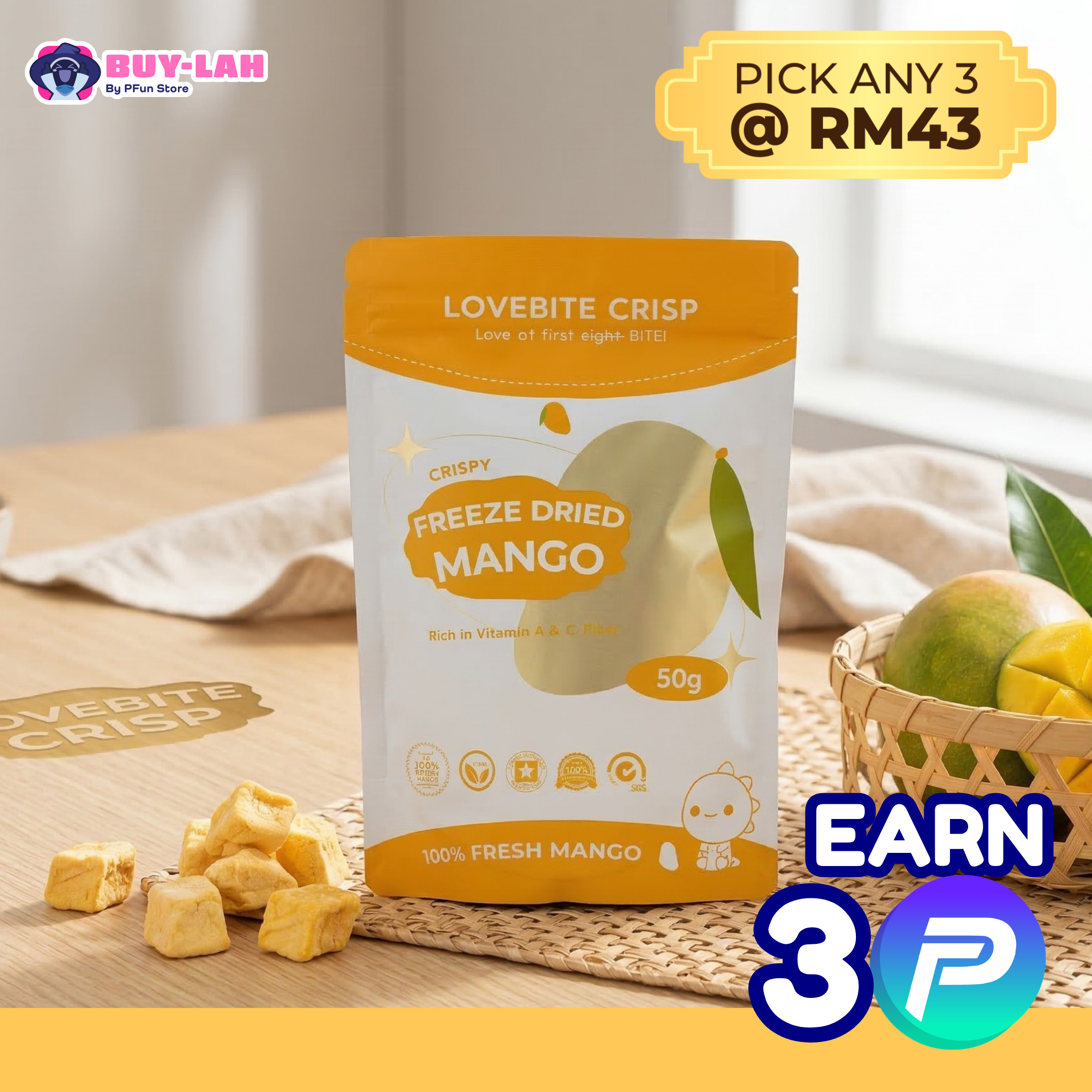 LoveBite Crisp Freeze Dried Mango🥭 [50G] 