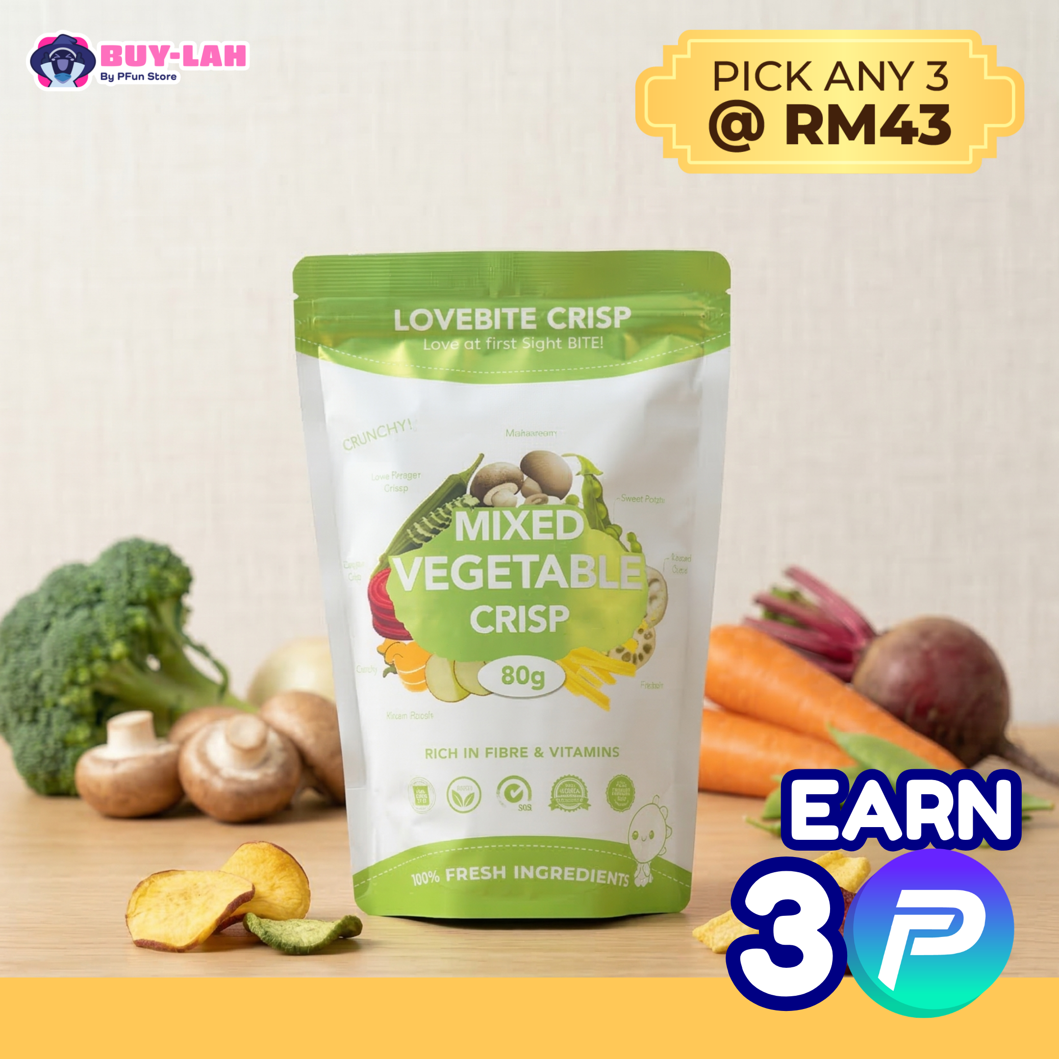 LoveBite Crisp Freeze dried Mix 8 Vegetable crisp🥬 [80G] 