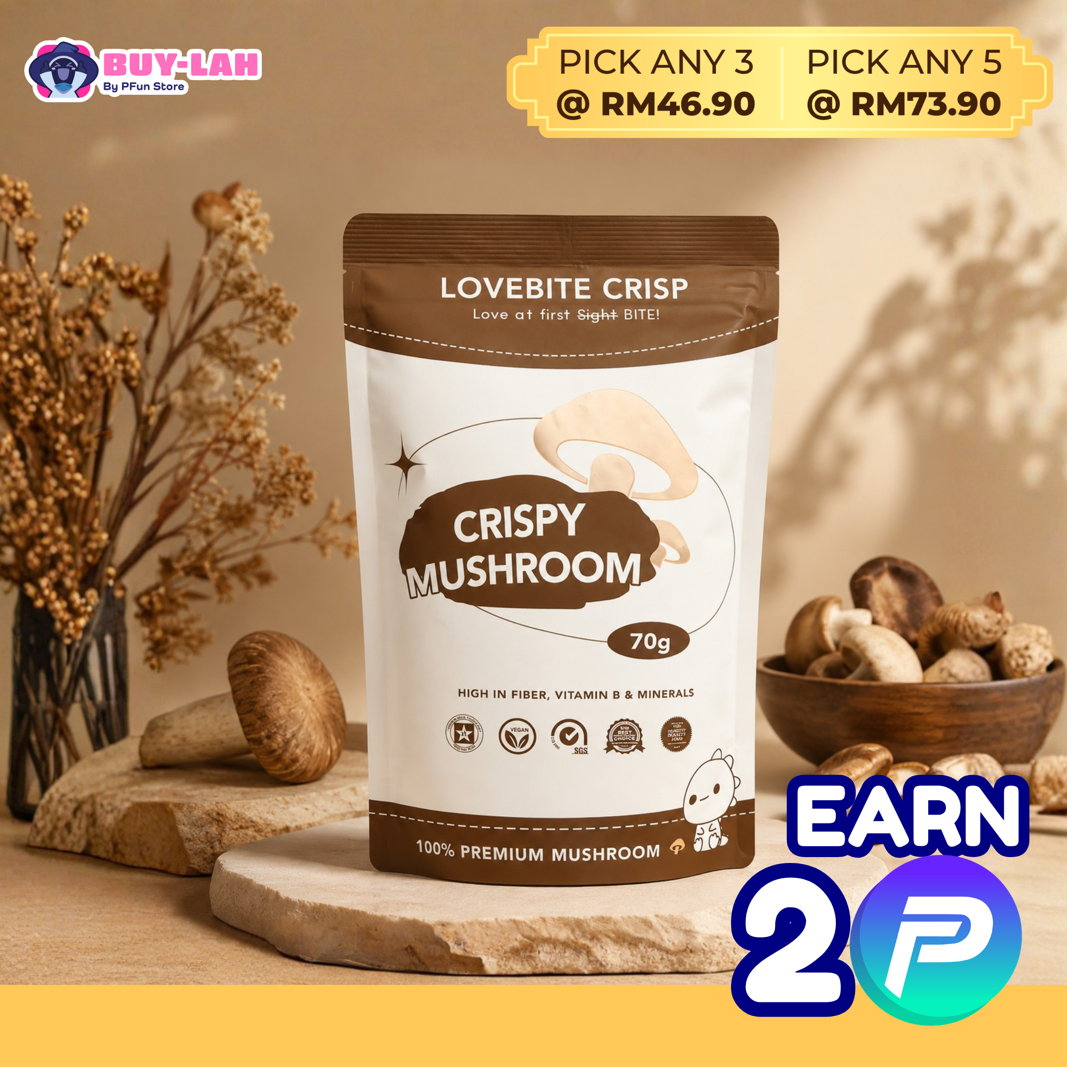 LoveBite Crisp Freeze Dried Mushroom [70g]