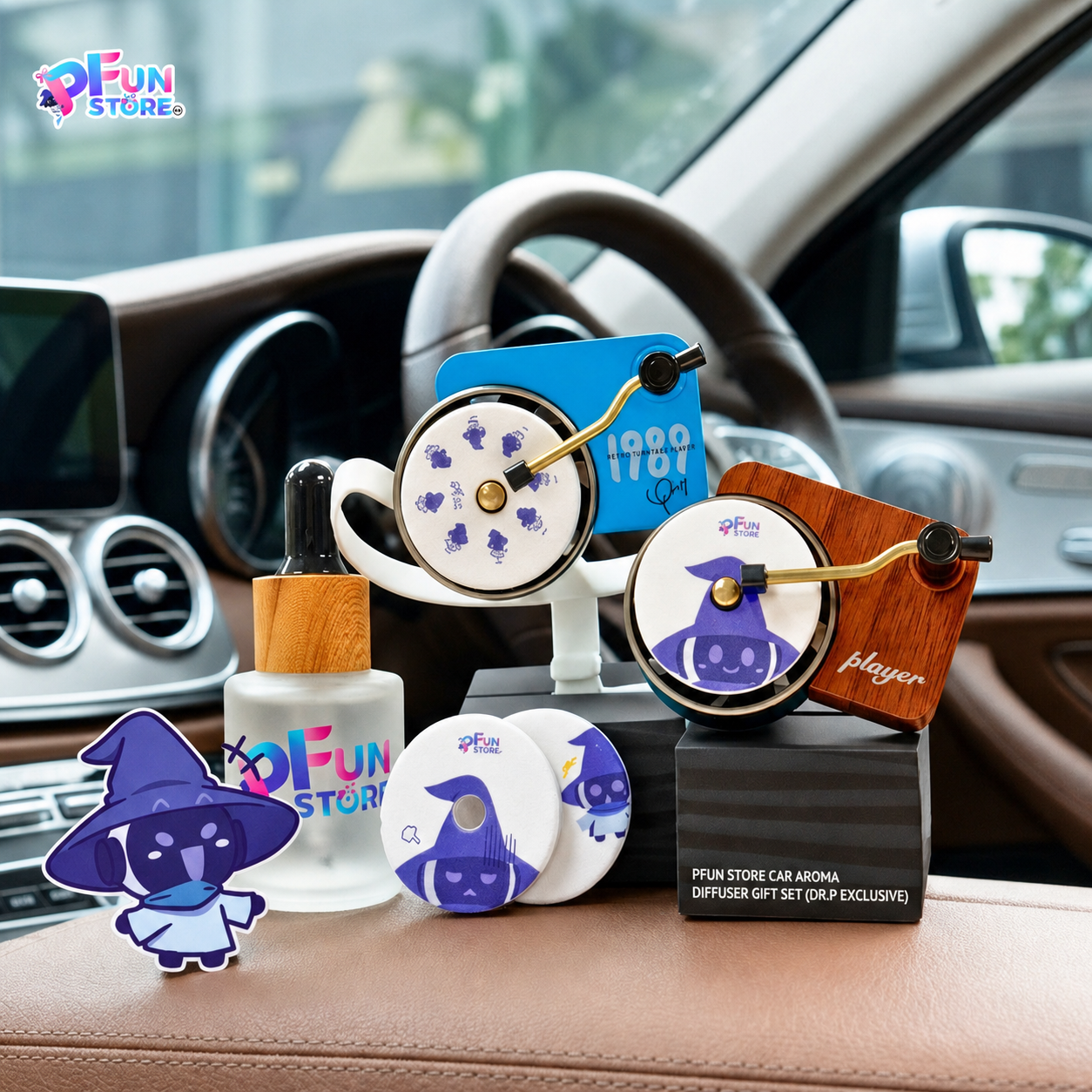 Dr.P Retro Turntable Car Diffuser Set with 5 Fragrance Pads & Refill Oil