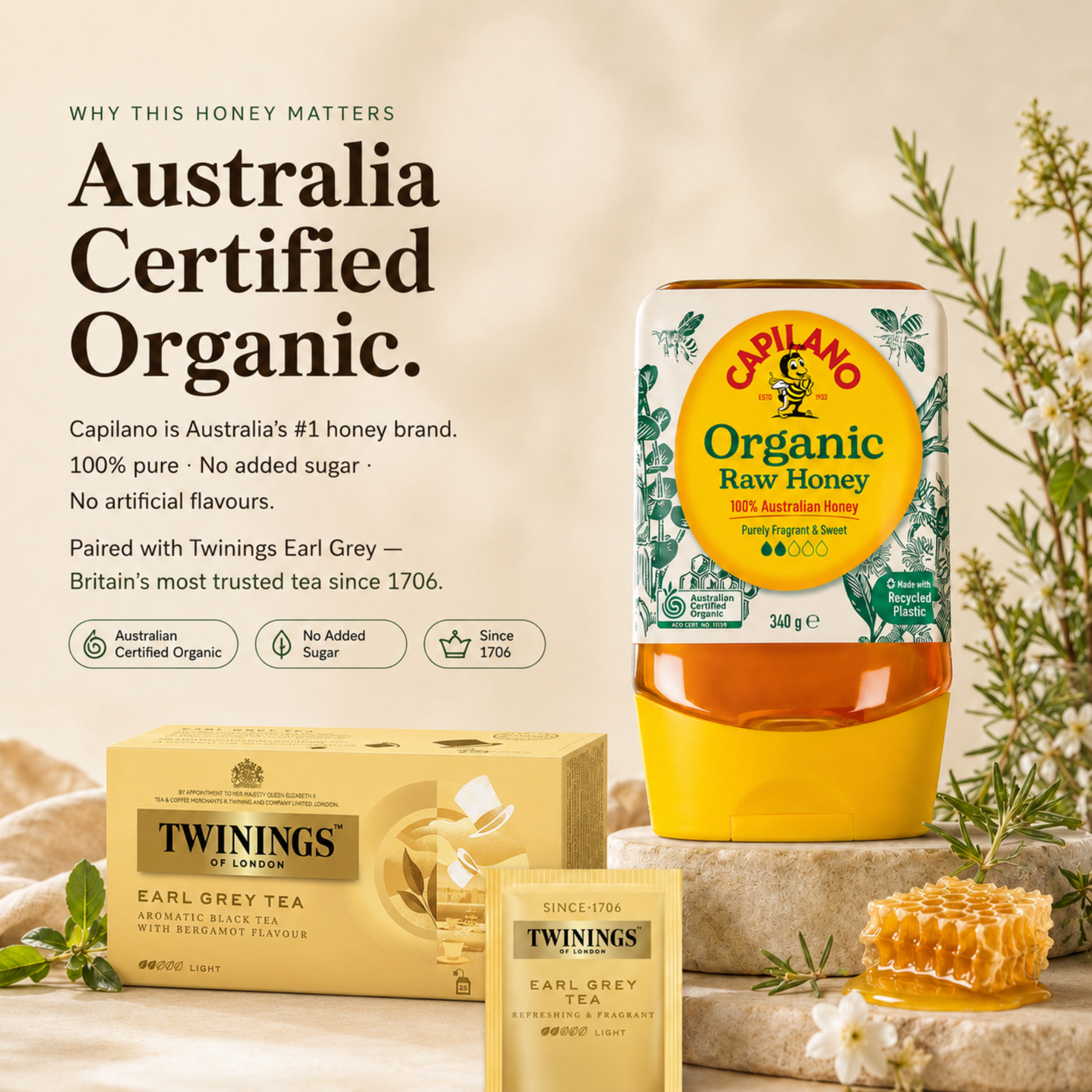 The Golden Earl Grey Set — Twinings Earl Grey 25s + Capilano Organic Honey 340g