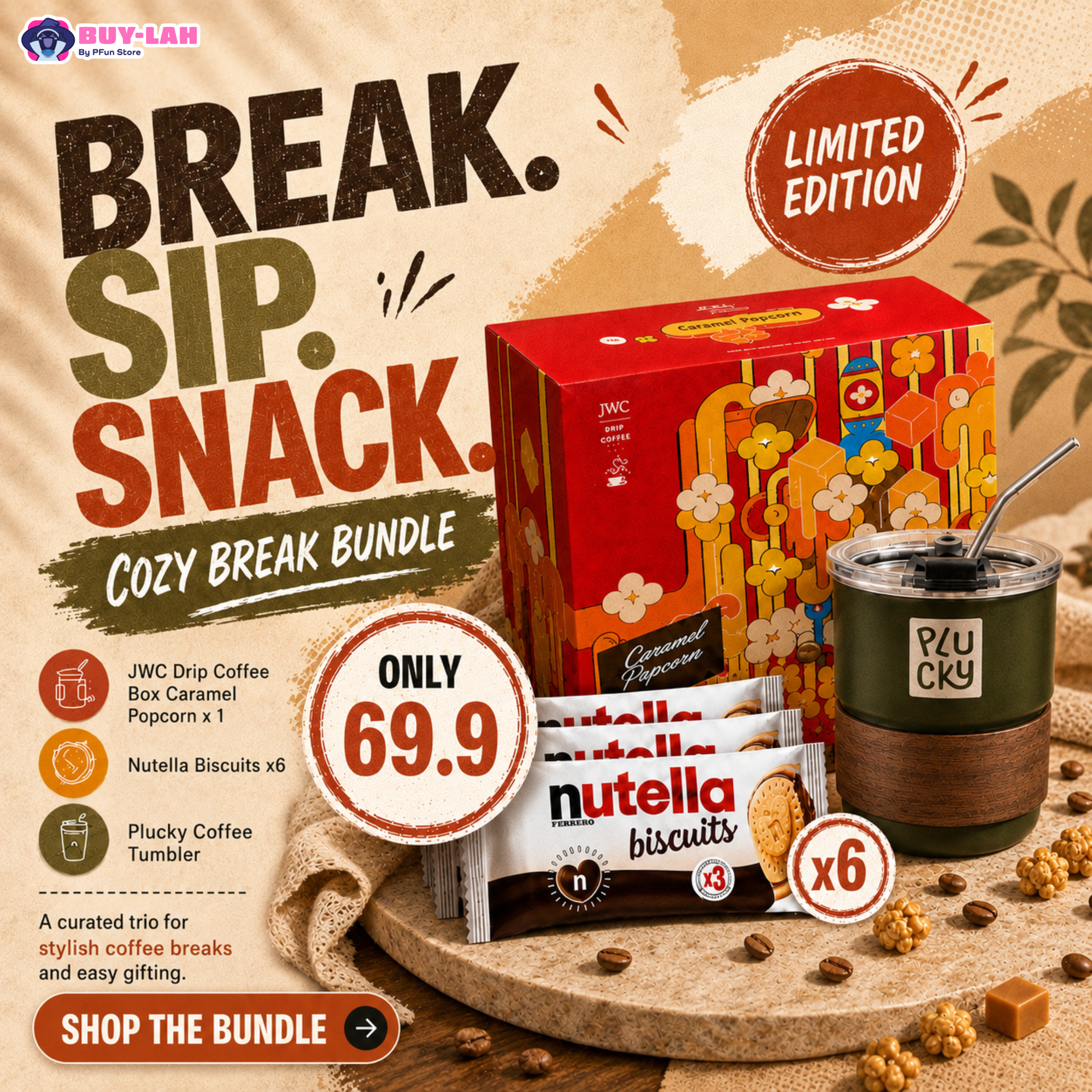 JWC Cozy Break Bundle — Free Shipping (1x JWC Drip Coffee + 6× Nutella Biscuits + 1×Pucky  Coffee Tumbler)