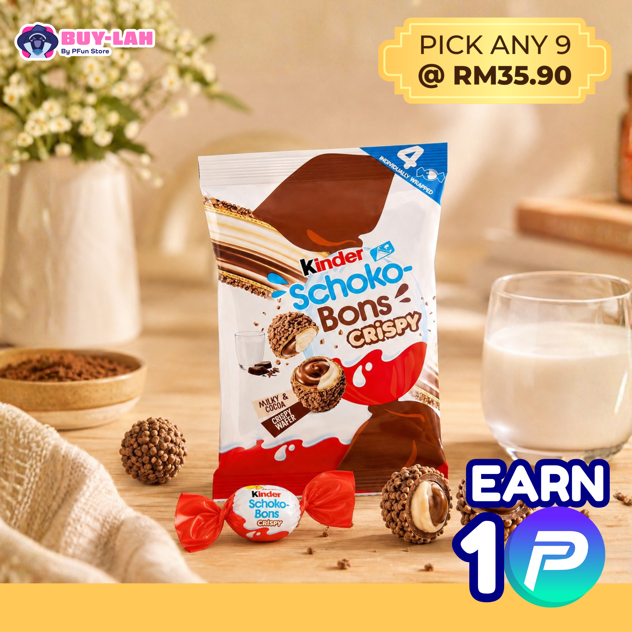 Kinder Schoko-Bons Crispy — 4 Individually Wrapped Pieces