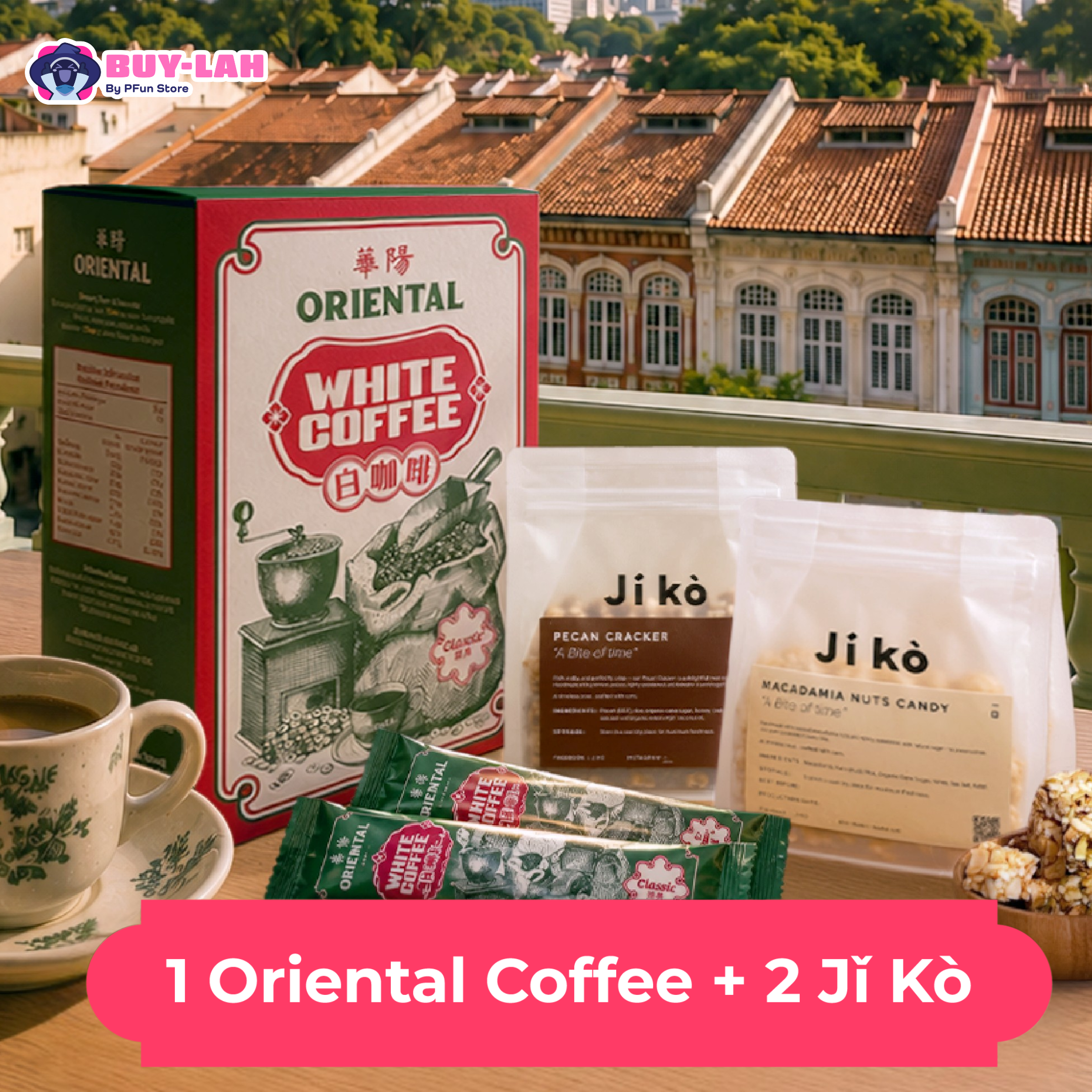 Oriental White Coffee Classic + Jǐ kò Snack Bundle — 1 Box Coffee + 2 Jǐ kò handcrafted nut snacks