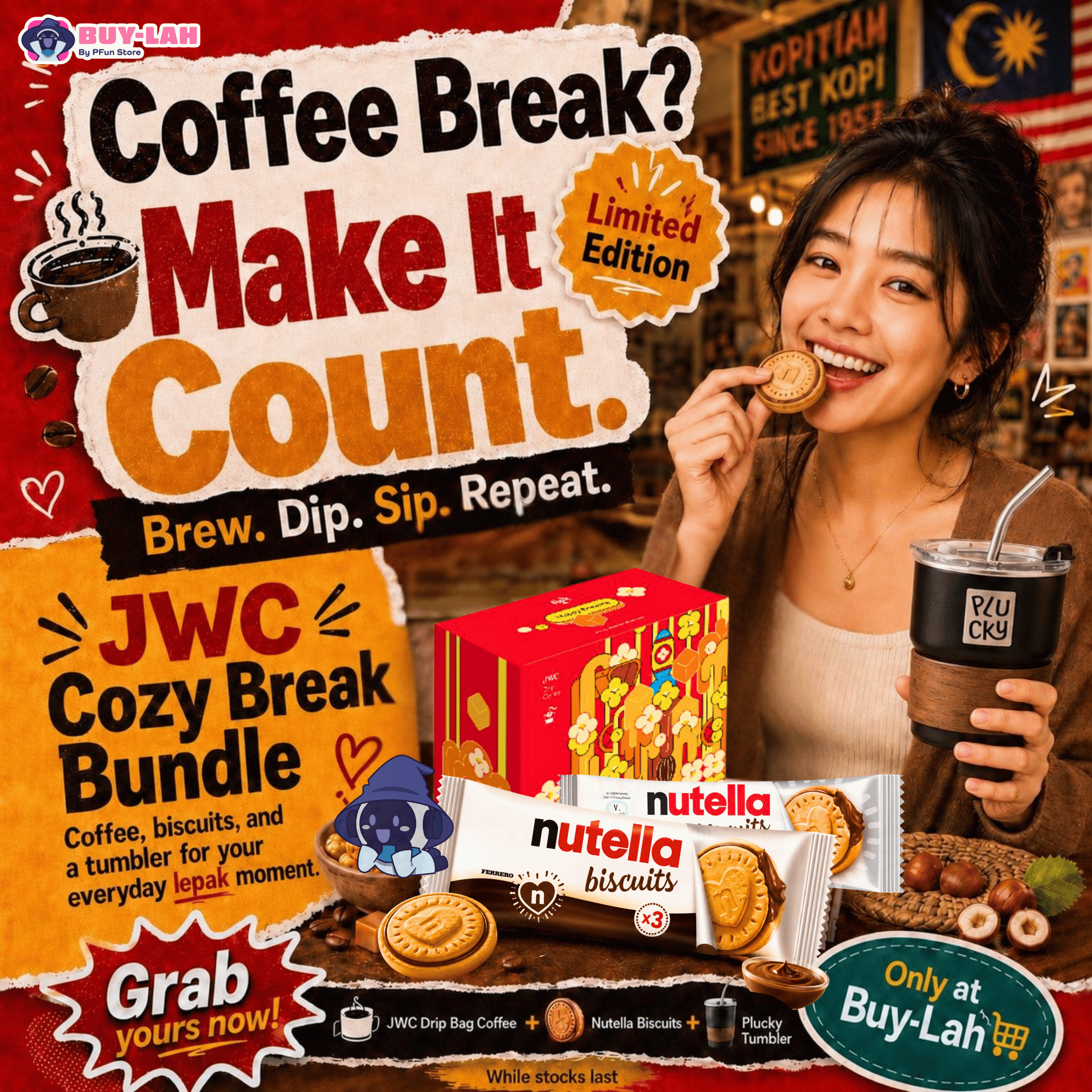 JWC Cozy Break Bundle — Free Shipping (1x JWC Drip Coffee + 6× Nutella Biscuits + 1×Pucky  Coffee Tumbler)