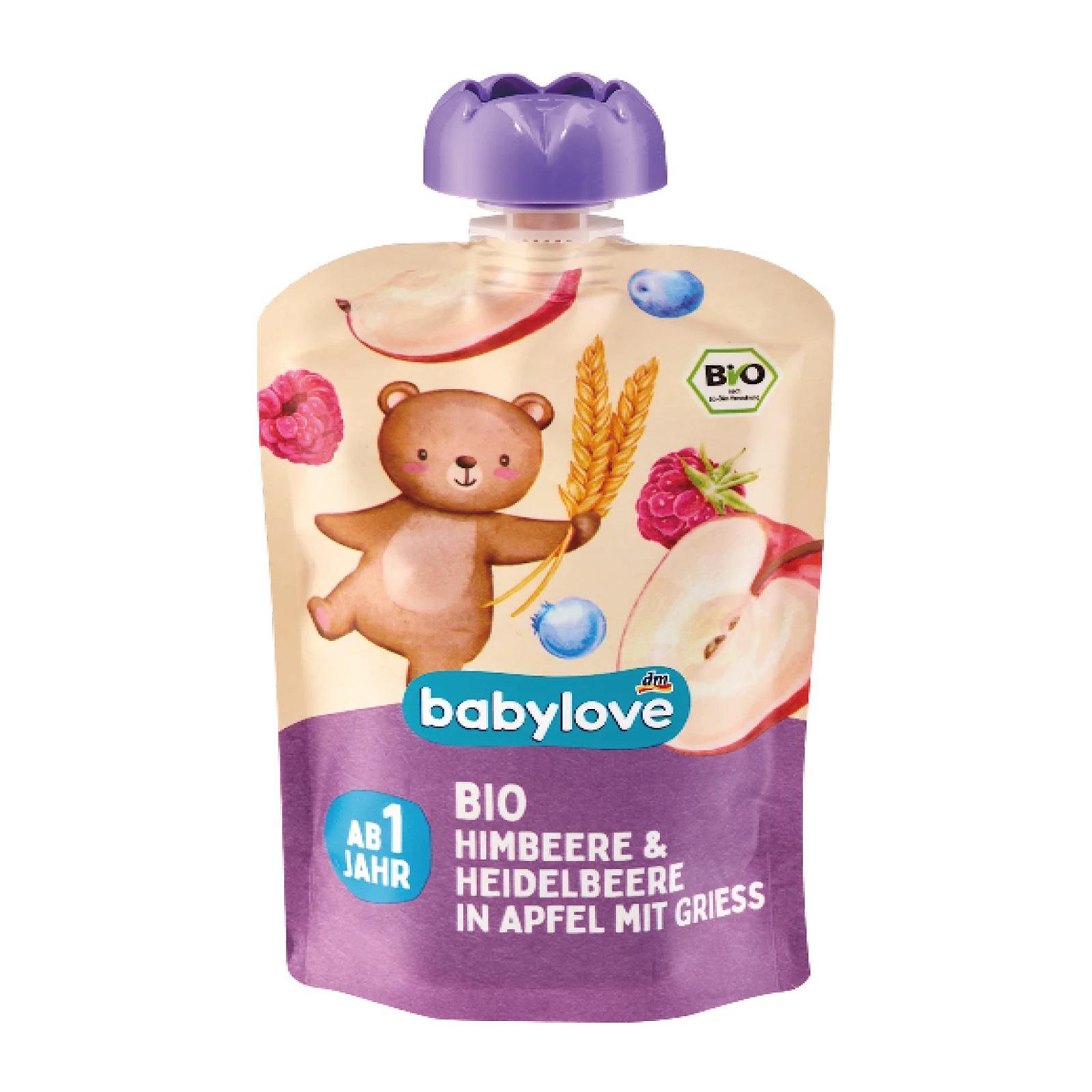 BabyLove Organic Pouch Puree Apple Raspberry Blueberry Semolina for Age 1+ Vegan 100g