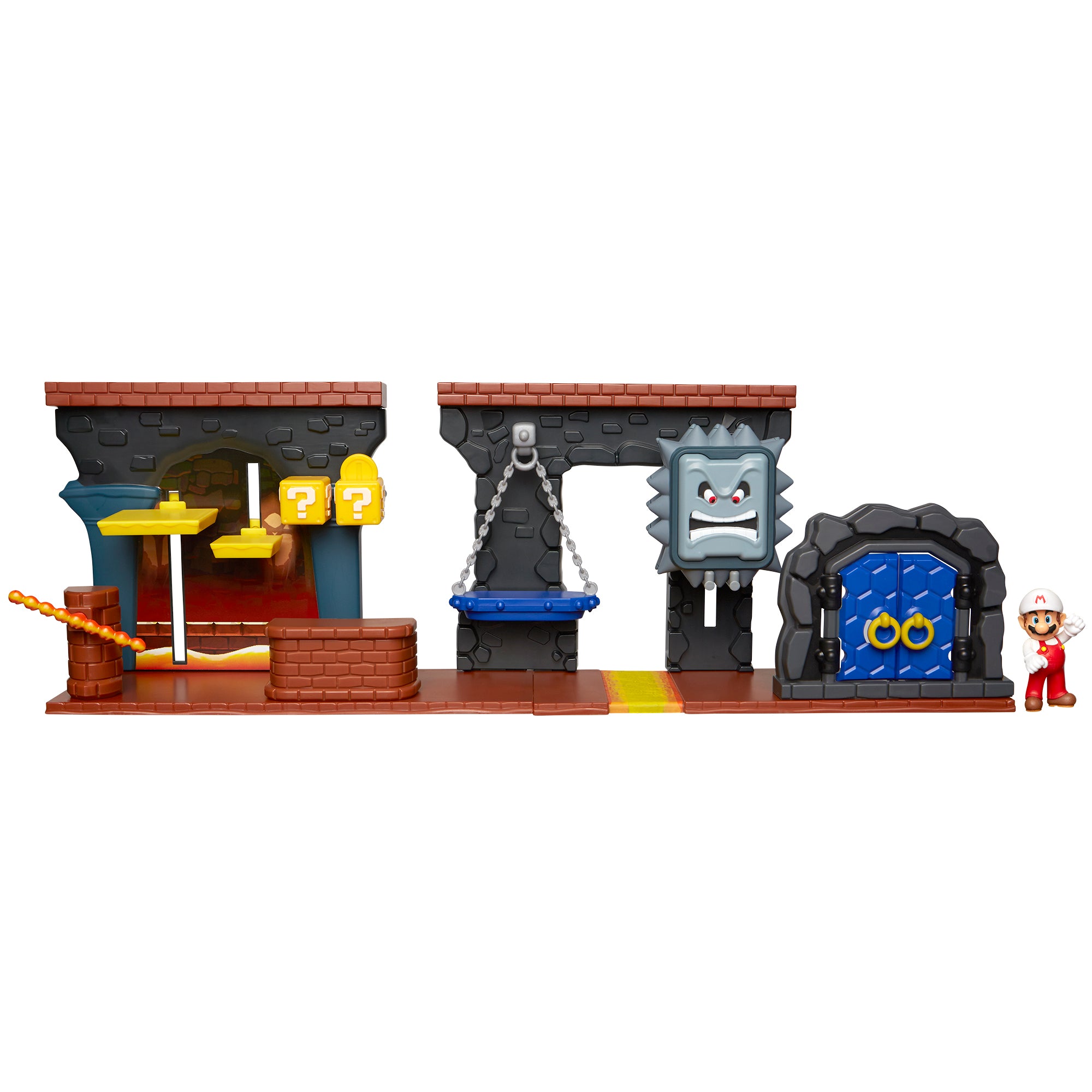 Super Mario Dungeon Deluxe Play Set, Includes: 2.5” Fire Mario Figure & 7 Interactive Environmentpiece Moving Platforms & Thwomp, Spinning Fire Balls, Hidden Coin, Swing, & Door