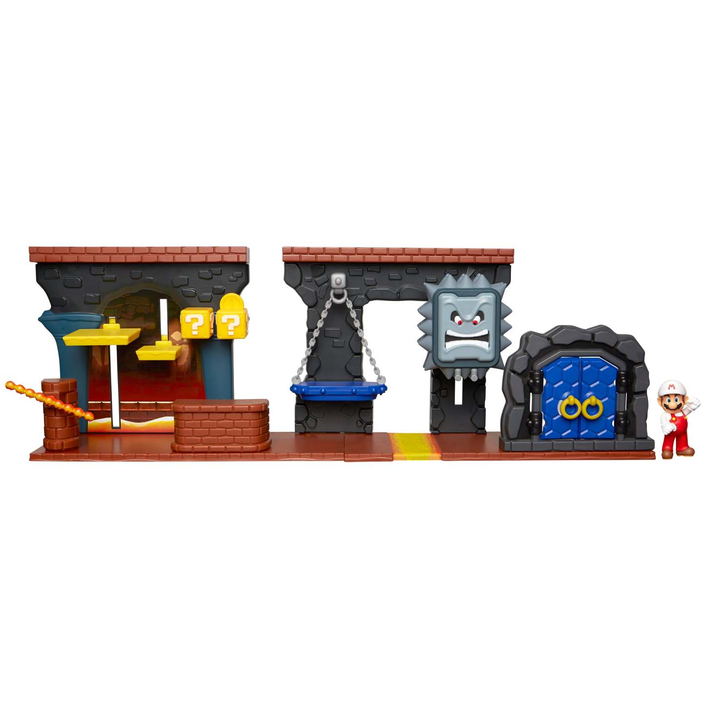 Super Mario Dungeon Deluxe Play Set, Includes: 2.5” Fire Mario Figure & 7 Interactive Environmentpiece Moving Platforms & Thwomp, Spinning Fire Balls, Hidden Coin, Swing, & Door