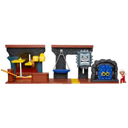 Super Mario Dungeon Deluxe Play Set, Includes: 2.5” Fire Mario Figure & 7 Interactive Environmentpiece Moving Platforms & Thwomp, Spinning Fire Balls, Hidden Coin, Swing, & Door