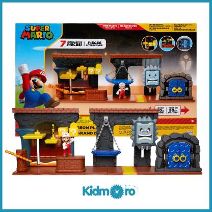 Super Mario Dungeon Deluxe Play Set, Includes: 2.5” Fire Mario Figure & 7 Interactive Environmentpiece Moving Platforms & Thwomp, Spinning Fire Balls, Hidden Coin, Swing, & Door