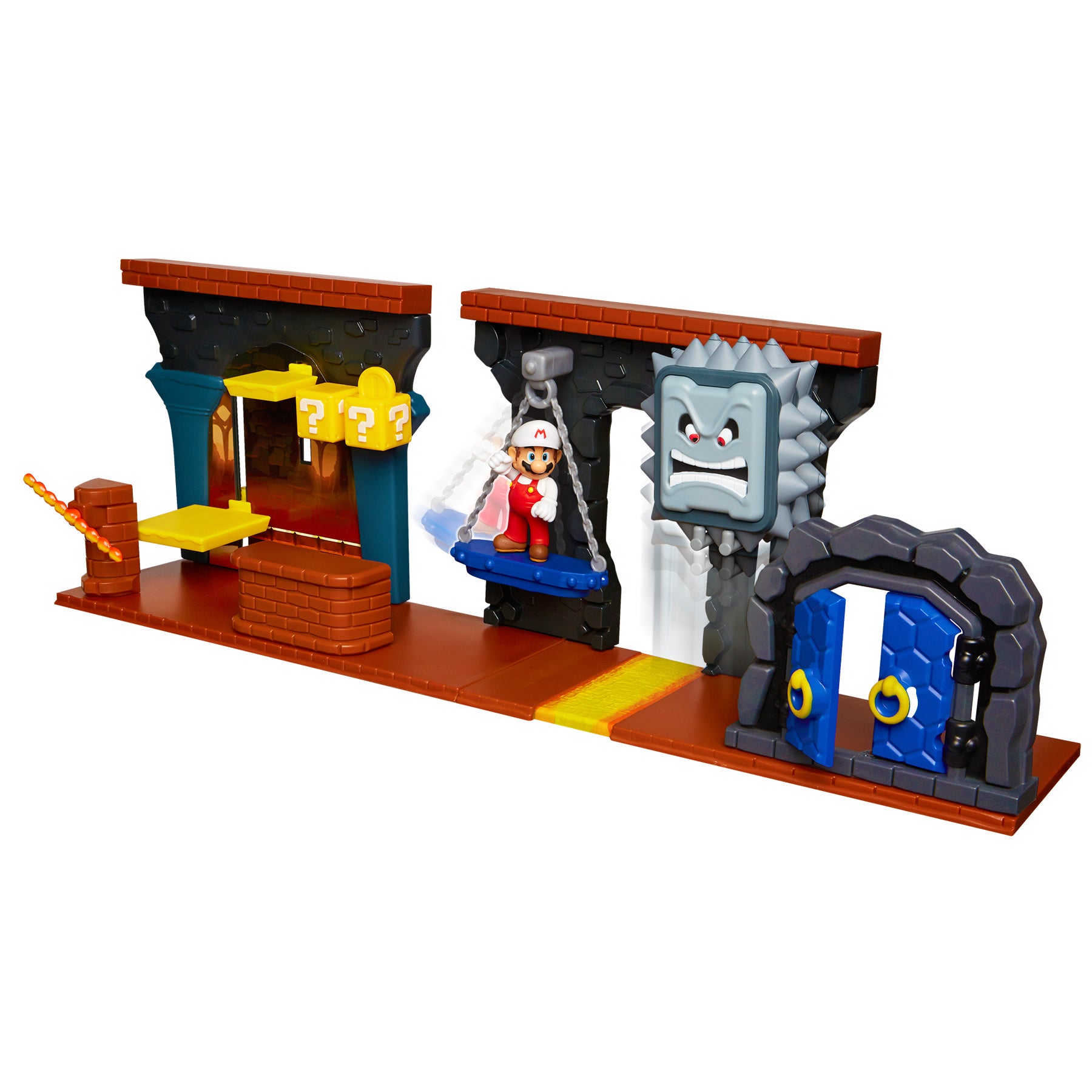 Super Mario Dungeon Deluxe Play Set, Includes: 2.5” Fire Mario Figure & 7 Interactive Environmentpiece Moving Platforms & Thwomp, Spinning Fire Balls, Hidden Coin, Swing, & Door
