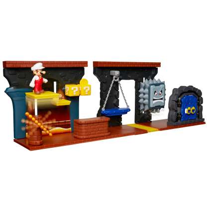 Super Mario Dungeon Deluxe Play Set, Includes: 2.5” Fire Mario Figure & 7 Interactive Environmentpiece Moving Platforms & Thwomp, Spinning Fire Balls, Hidden Coin, Swing, & Door