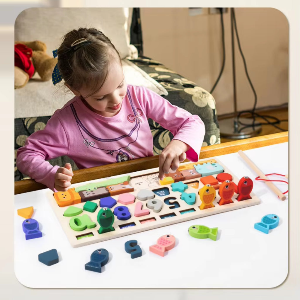 Kidmoro Montessori Wooden Puzzle Toy 4-in-1 | Educational Learning & Fishing Game for Kids 3+