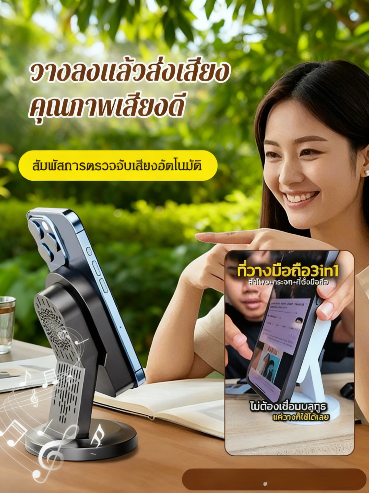 【มีลำโพงและกระจกในตัว ไม่จำเป็นต้องเชื่อมต่อบลูทูธ】3in1 ที่วางตั้งโทรศัพท์มือถือ