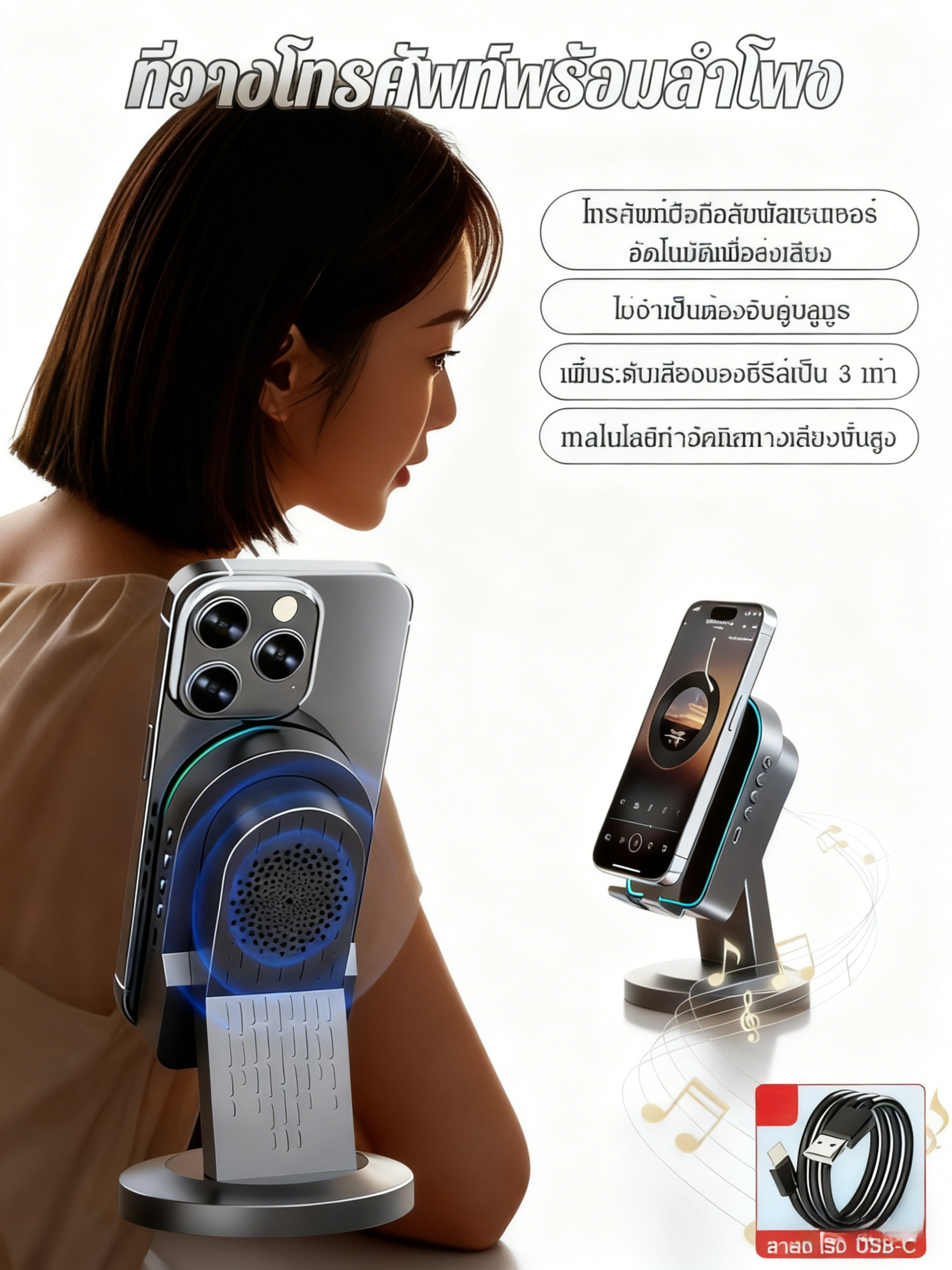 【มีลำโพงและกระจกในตัว ไม่จำเป็นต้องเชื่อมต่อบลูทูธ】3in1 ที่วางตั้งโทรศัพท์มือถือ