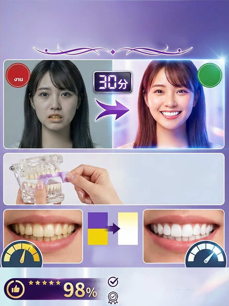 แผ่นฟอกฟันขาวสีม่วง ฟันขาวขึ้นทันทีใน 15 นาที แผ่นแปะฟันขาวสูตรสีม่วงอัจฉริยะ ลบสีเหลือง ขจัดคราบชากาแฟฝังลึก ✨ยิ้มสวยมั่นใจ 🦷💖
