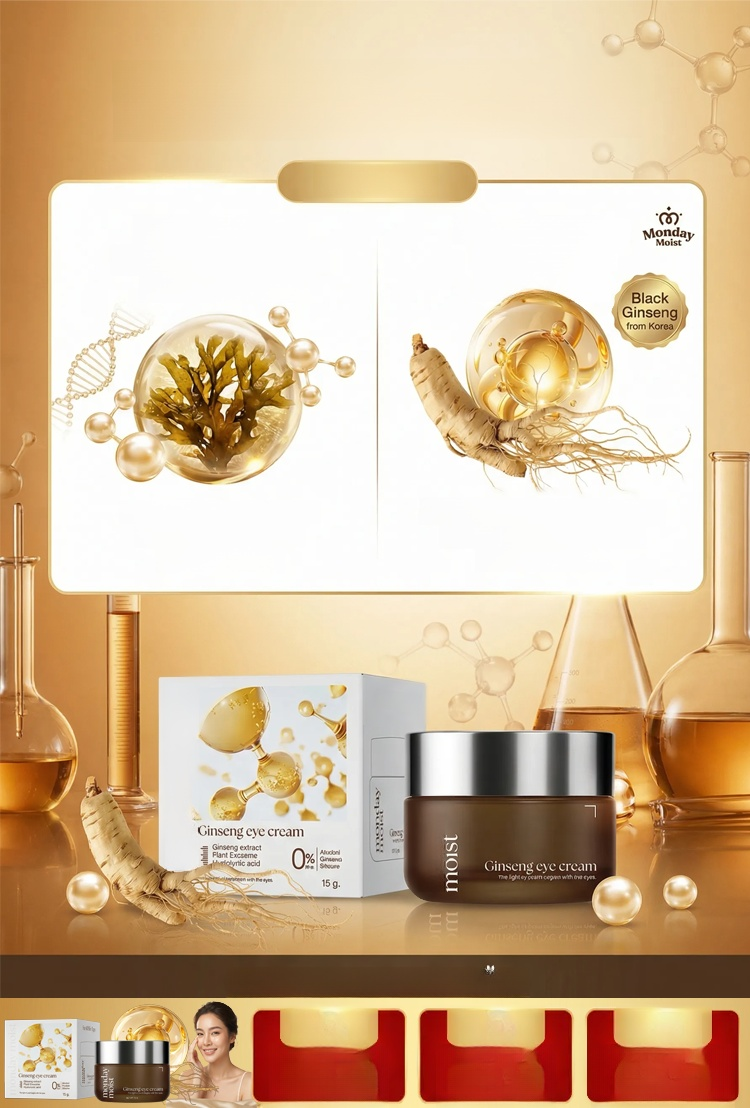 🌟✨ ครีมโสมใต้ตา สูตรพิเศษเพื่อดวงตาสดใส!   🥰💧 บำรุงล้ำลึก ลดรอยคล้ำและริ้วรอย!   🌿💖 ส่วนผสมจากโสมดำเกาหลีและสาหร่ายสีฟ้า!   💪💦 เติมน้ำให้ผิวใต้ตา แข็งแรงและสดชื่น!  