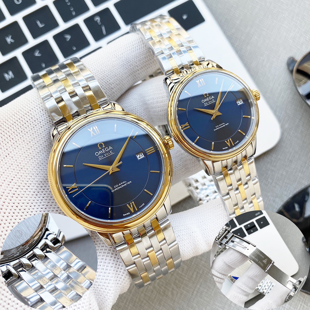 オメガ「Omega」デビル プレステージ カップルウォッチ メンズ39.5MM＆レディース32.7MM スチール＆レザーストラップ