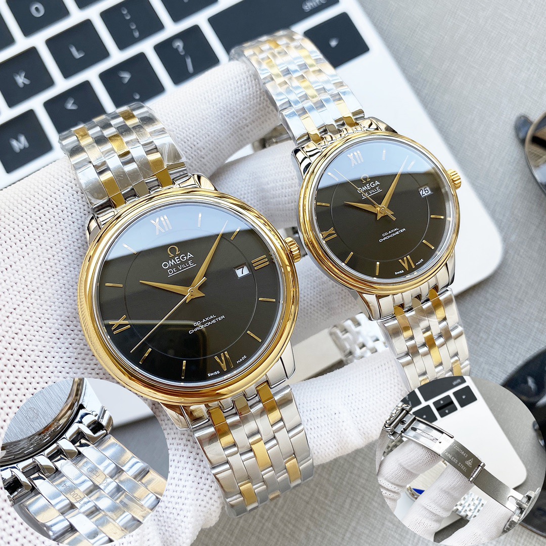 オメガ「Omega」デビル プレステージ カップルウォッチ メンズ39.5MM＆レディース32.7MM スチール＆レザーストラップ