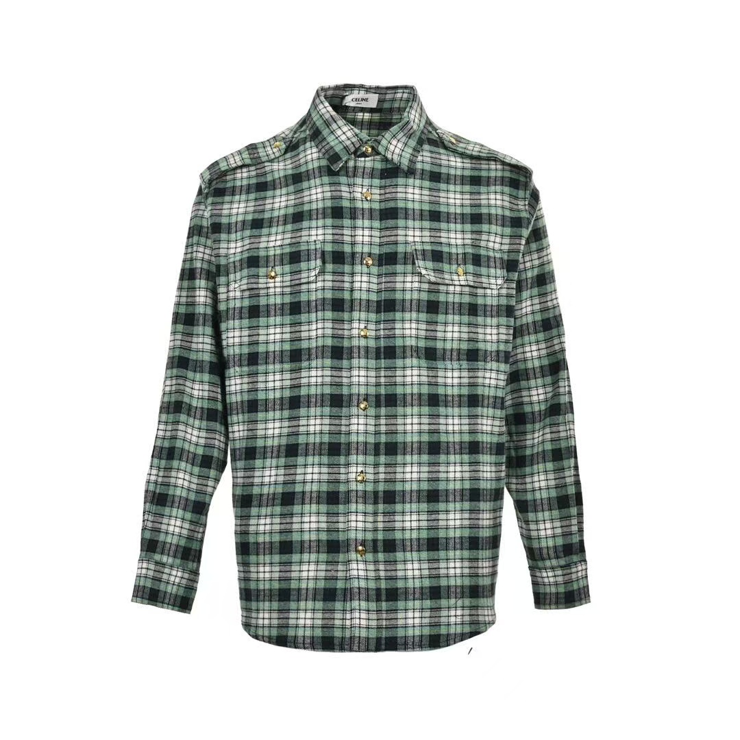 セリーヌ「Celine」 24Fw  緑色のチェック柄「ごしょくのチェックがら」の竹節紗「ちくせつしゃ」素材の長袖シャツ-isetant