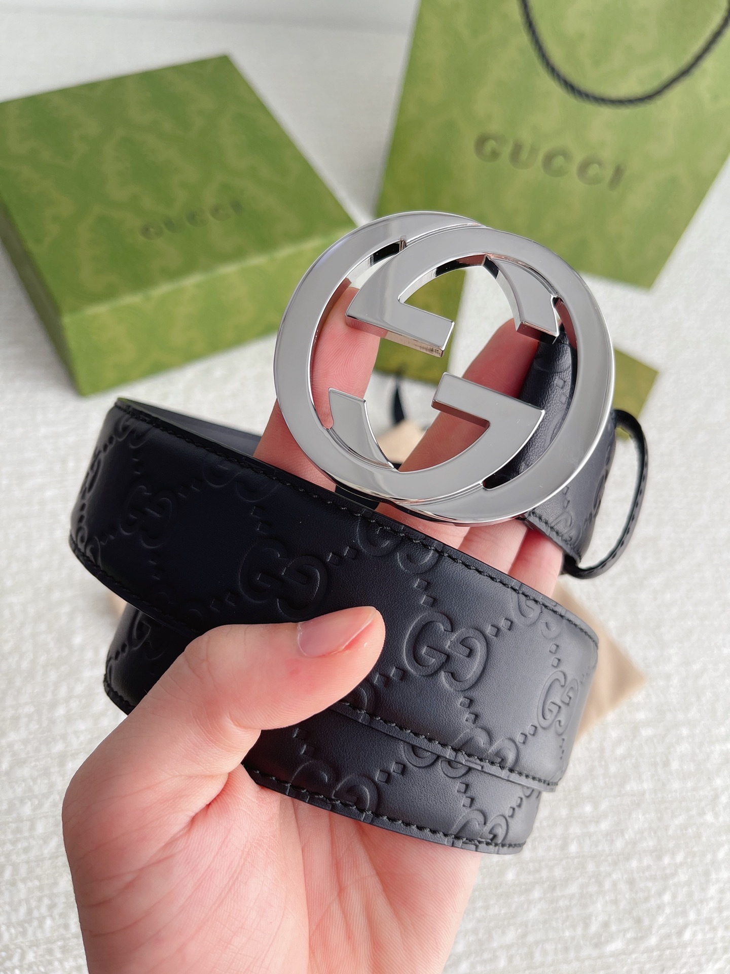 グッチ「Gucci」インターロッキングG バックル付き ワイドベルト100CM