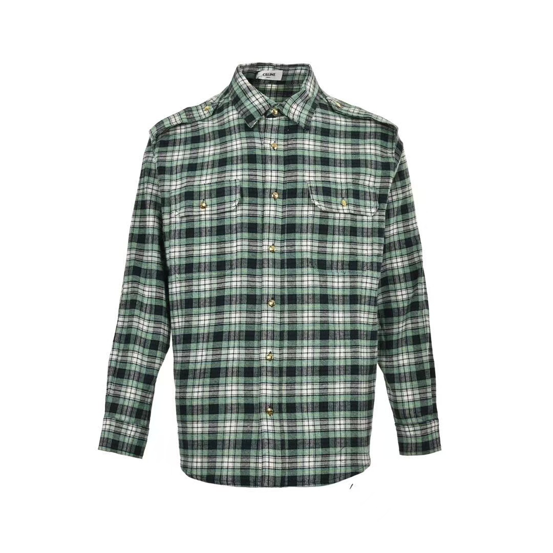 セリーヌ「Celine」 24Fw  緑色のチェック柄「ごしょくのチェックがら」の竹節紗「ちくせつしゃ」素材の長袖シャツ-isetant