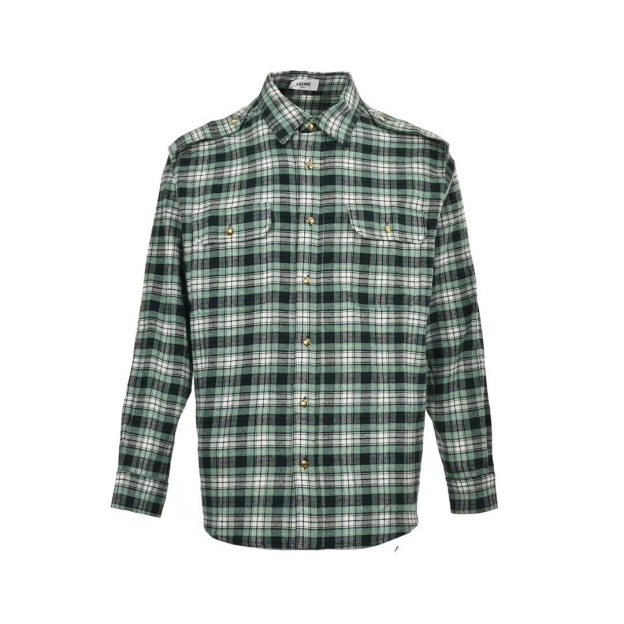 セリーヌ「Celine」 24Fw  緑色のチェック柄「ごしょくのチェックがら」の竹節紗「ちくせつしゃ」素材の長袖シャツ-isetant