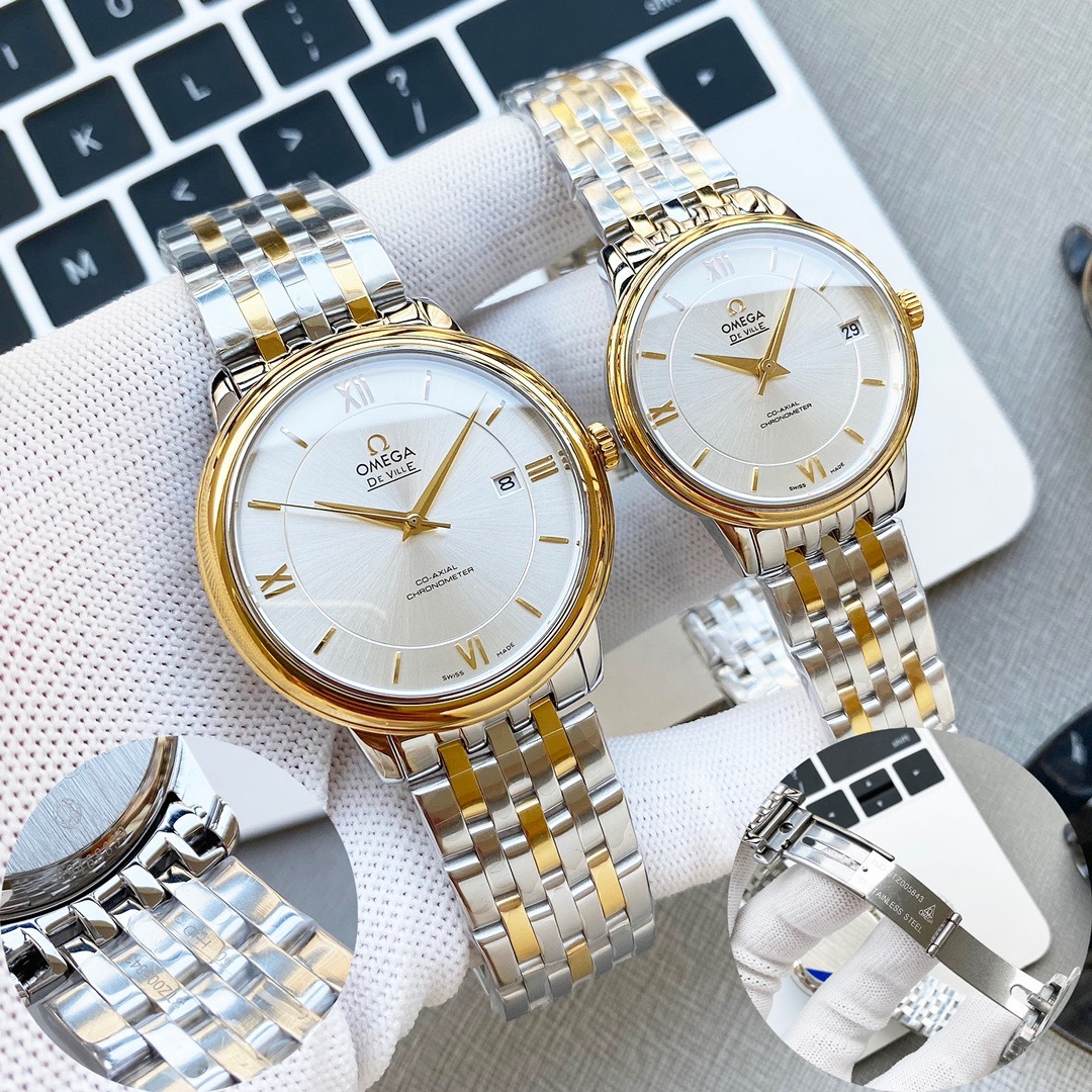 オメガ「Omega」デビル プレステージ カップルウォッチ メンズ39.5MM＆レディース32.7MM スチール＆レザーストラップ