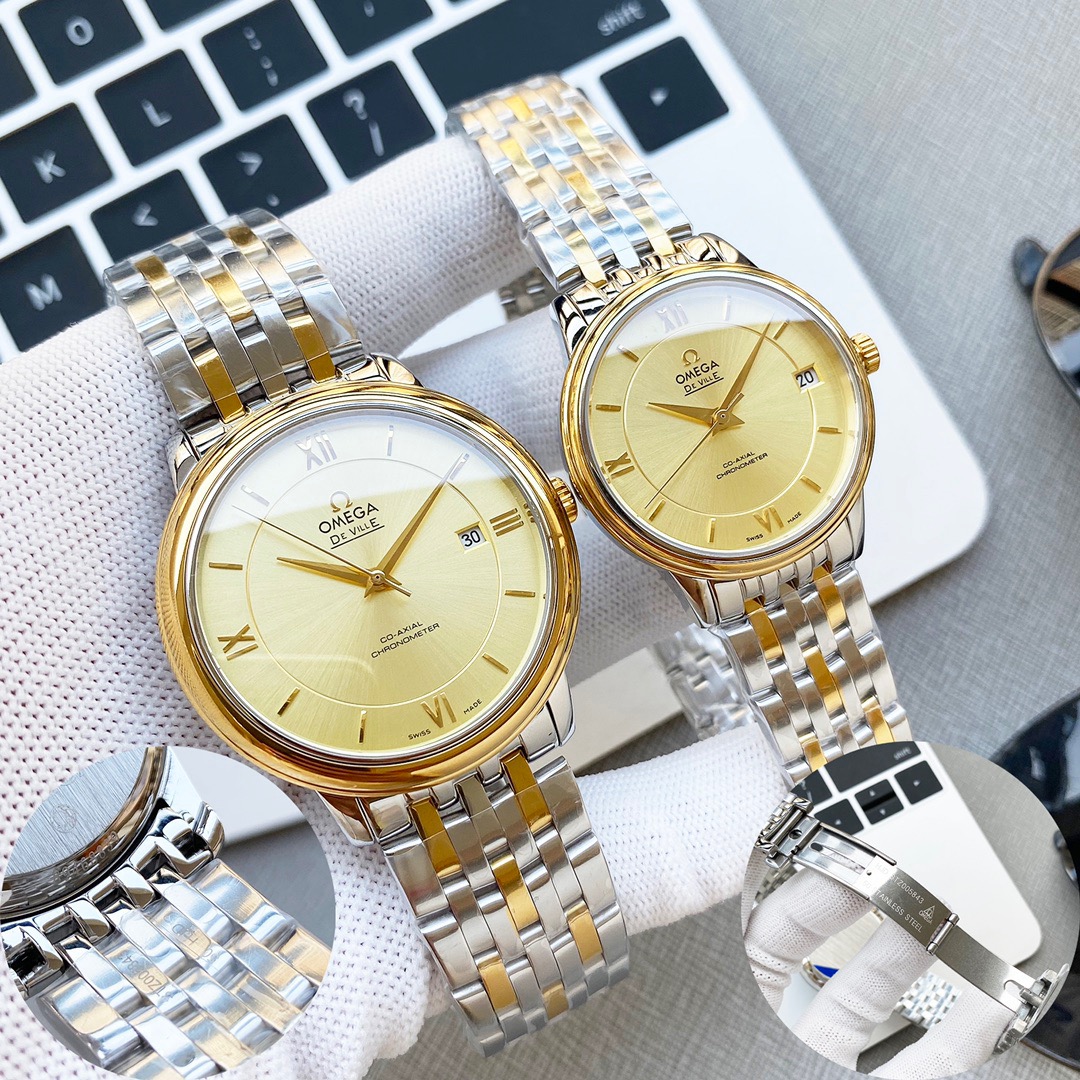 オメガ「Omega」デビル プレステージ カップルウォッチ メンズ39.5MM＆レディース32.7MM スチール＆レザーストラップ